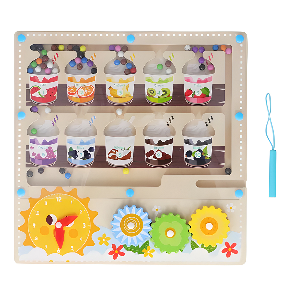 Joc Sortator din Lemn Teno®, model milkshake, magnetic, pix incorporat, ceas, culori diverse, materiale sigure, dezvolta abilitatile cognitive, coordonarea mana-ochi, inteligenta, multicolor