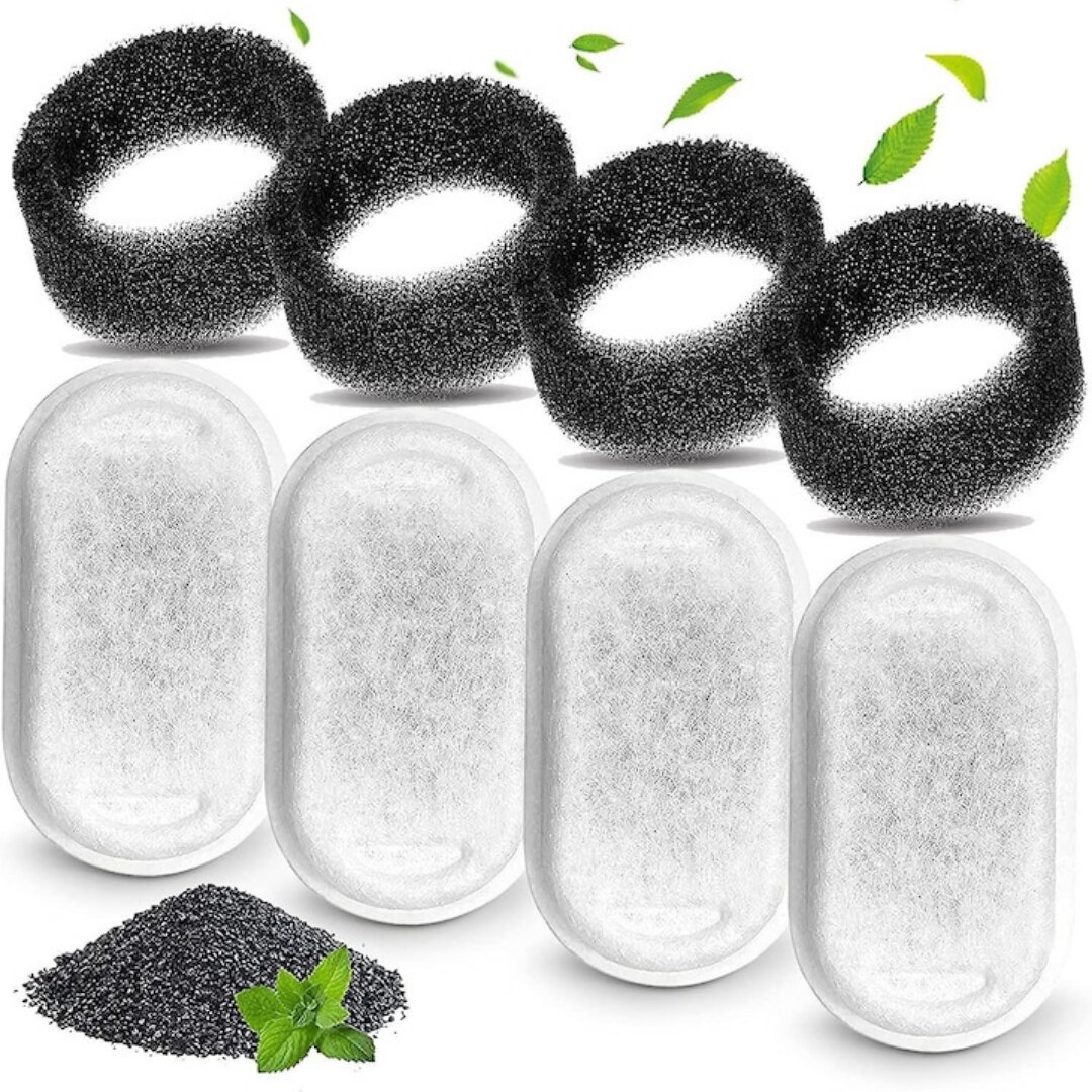 Set 4 filtre Macvi® pentru dispenser de apa automat, design oval, elimina mirosurile si gusturile neplacute, filtrare eficienta pentru caini si pisici, bumbac de calitate