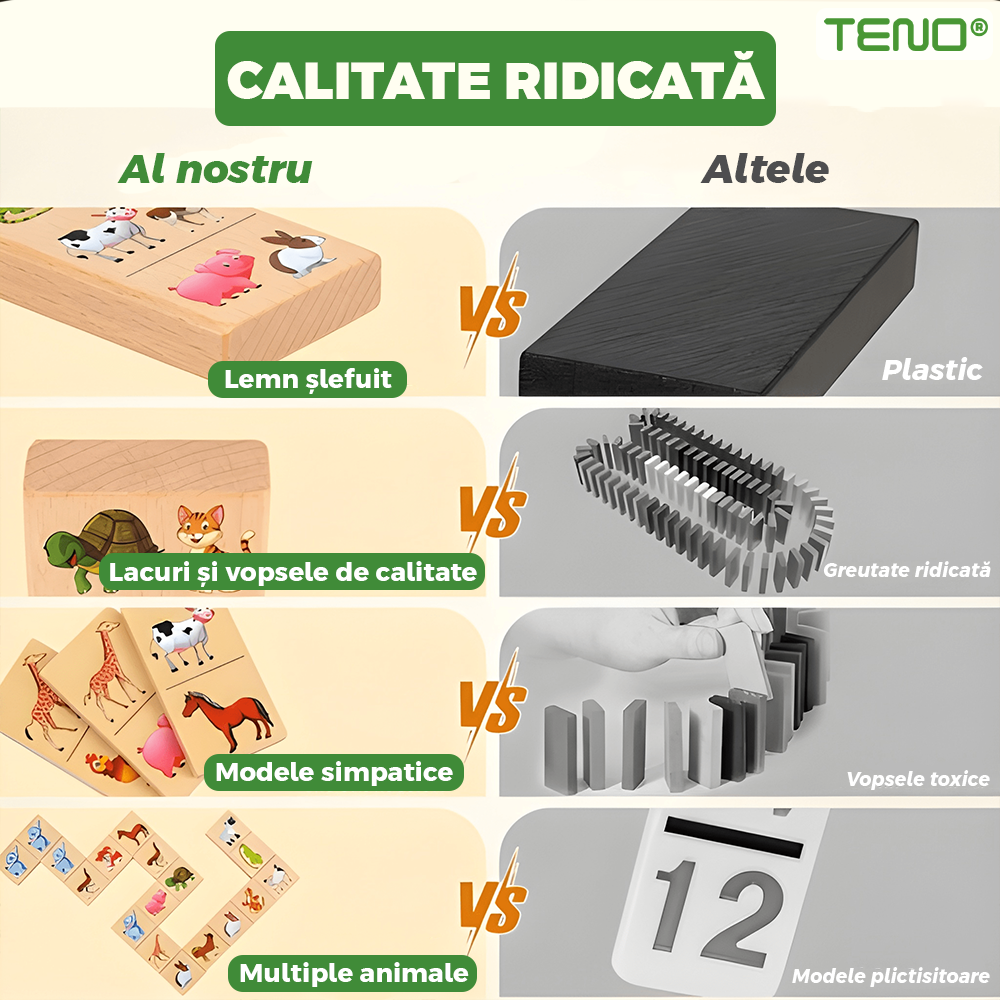 Joc Educativ de Asociere Teno®, 24 piese, din lemn, cu animale, modele distractive, culori non-toxice, materiale sigure, multicolor