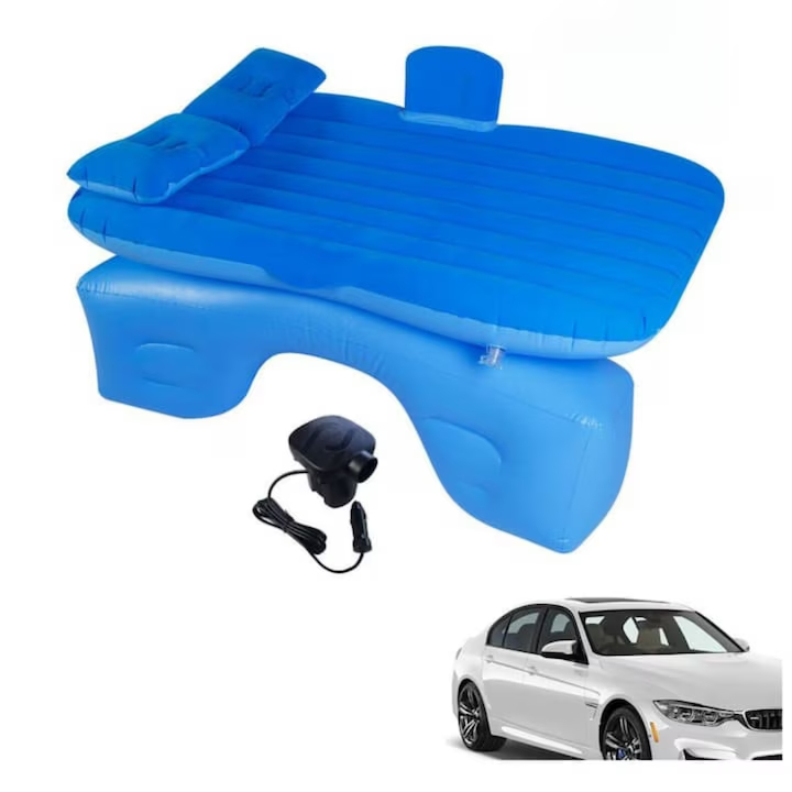 Saltea Gonflabila Auto Macvi® cu Perne si Suport de Echilibru, Ideala pentru Bancheta din Spate, Camping, Calatorii si Relaxare, Albastru