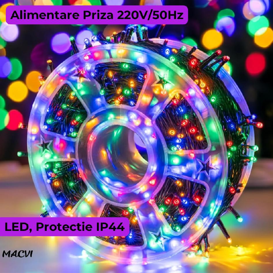 Instalatie Luminoasa LED de Craciun Macvi® pentru Interior si Exterior, 100M, LED, Multicolor, Rezistenta la Ceata