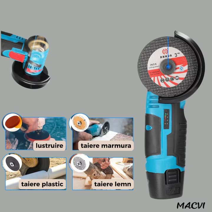 Polizor unghiular fara fir Macvi® 12V, 2 Acumulatori Li-Ion, Discuri pentru Metal, Incarcator Inclus, Mini Flex Portabil