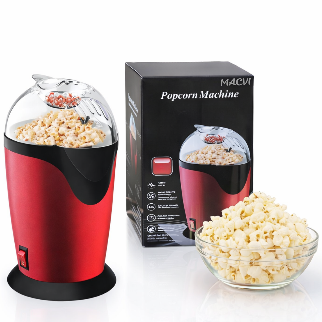 Aparat de facut popcorn Macvi®, 1200W, capacitate 2.5L, fara ulei, rosu