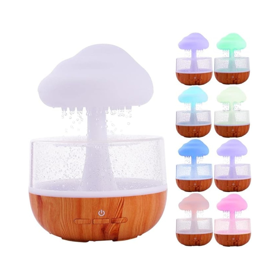 Umidificator si Difuzor Aromaterapie Macvi® Nor de Ploaie, 7 Culori LED, Sunet Relaxant, USB, 400 ml