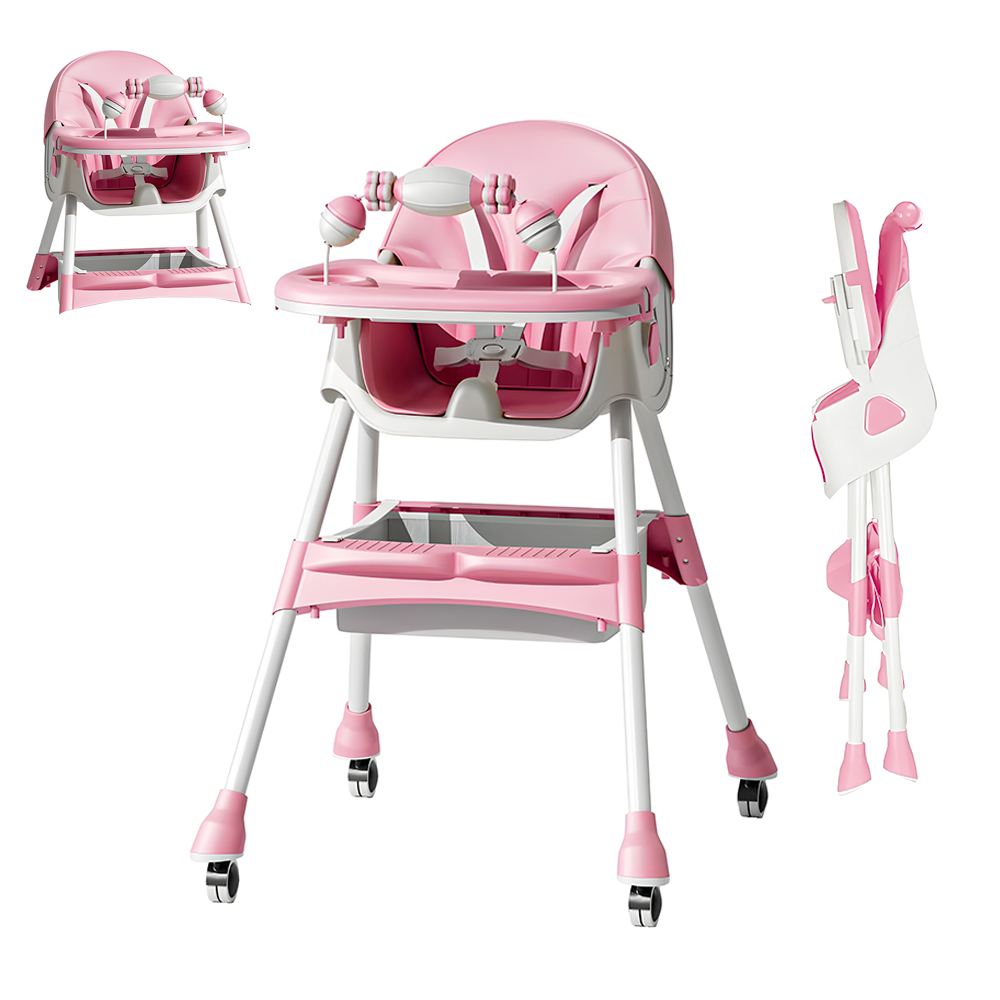 Scaun de Masa 3in1 pentru Bebelusi si Copii Teno®, centura de siguranta in 5 puncte, tavita reglabila si detasabila, loc depozitare jucarii, roz pastel
