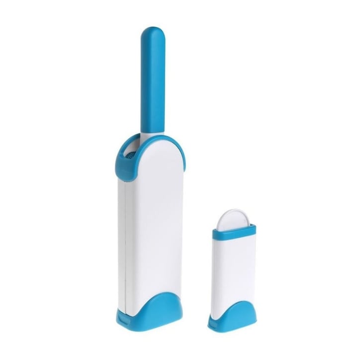 Set 2 Perii Speciale Macvi® pentru Indepartarea Parului de Animale de Pe Haine si Tapiterii, Sistem de Autocuratare, Perie de Dimensiuni Reduse Ideala pentru Calatorii, Alb/Albastru