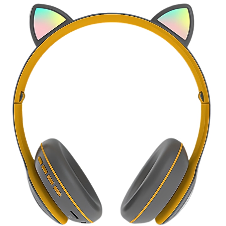 Casti Macvi® Wireless Pliabile cu Urechi de Pisica, Bluetooth 5.0, HiFi, Bass Stereo, LED, Gri