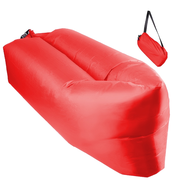 Saltea gonflabila tip sezlong Lazybag Macvi®, material rezistent, umflare fara pompa, pentru plaja/picnic/camping, rucsac de depozitare, 190 x 70 cm,rosu
