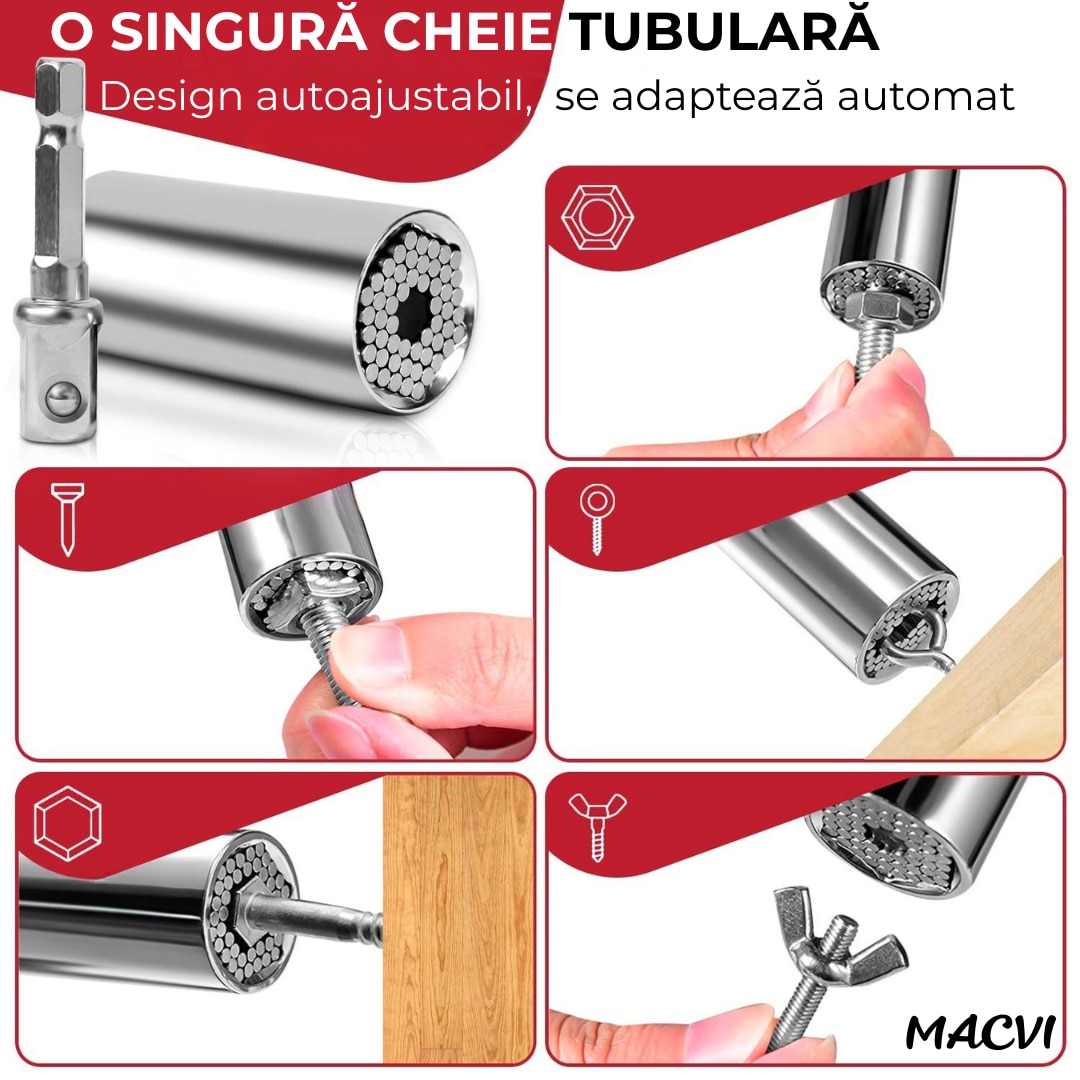 Adaptor cheie universala Macvi® 7-19 mm cu pini metalici ajustabili cap tubular multifunctional din otel aliat pentru bormasina si clichet, prindere ferma pe suruburi uzate