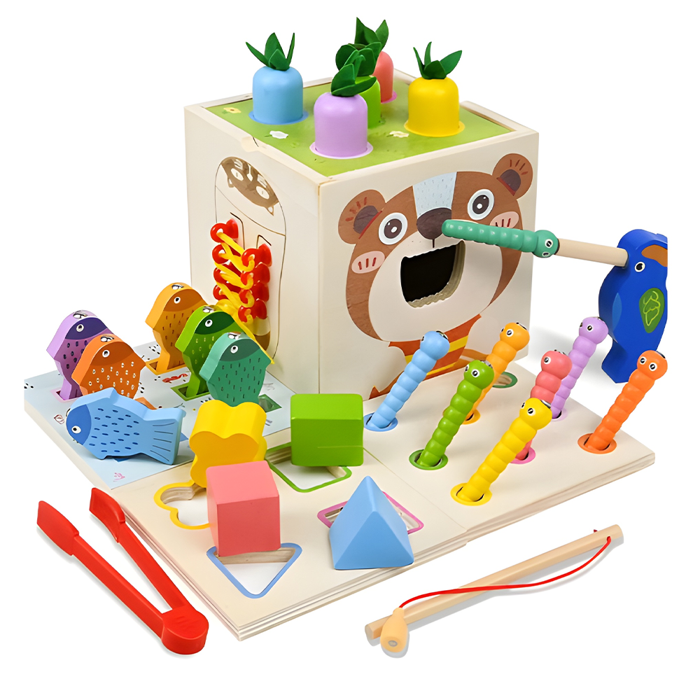 Cub Montessori Teno®, din lemn, educativ, joc cu legume, joc cu nasturi, joc de pescuit, sireturi, dezvolta abilitatile cognitive, senzoriale, coordonare mana-ochi, multicolor