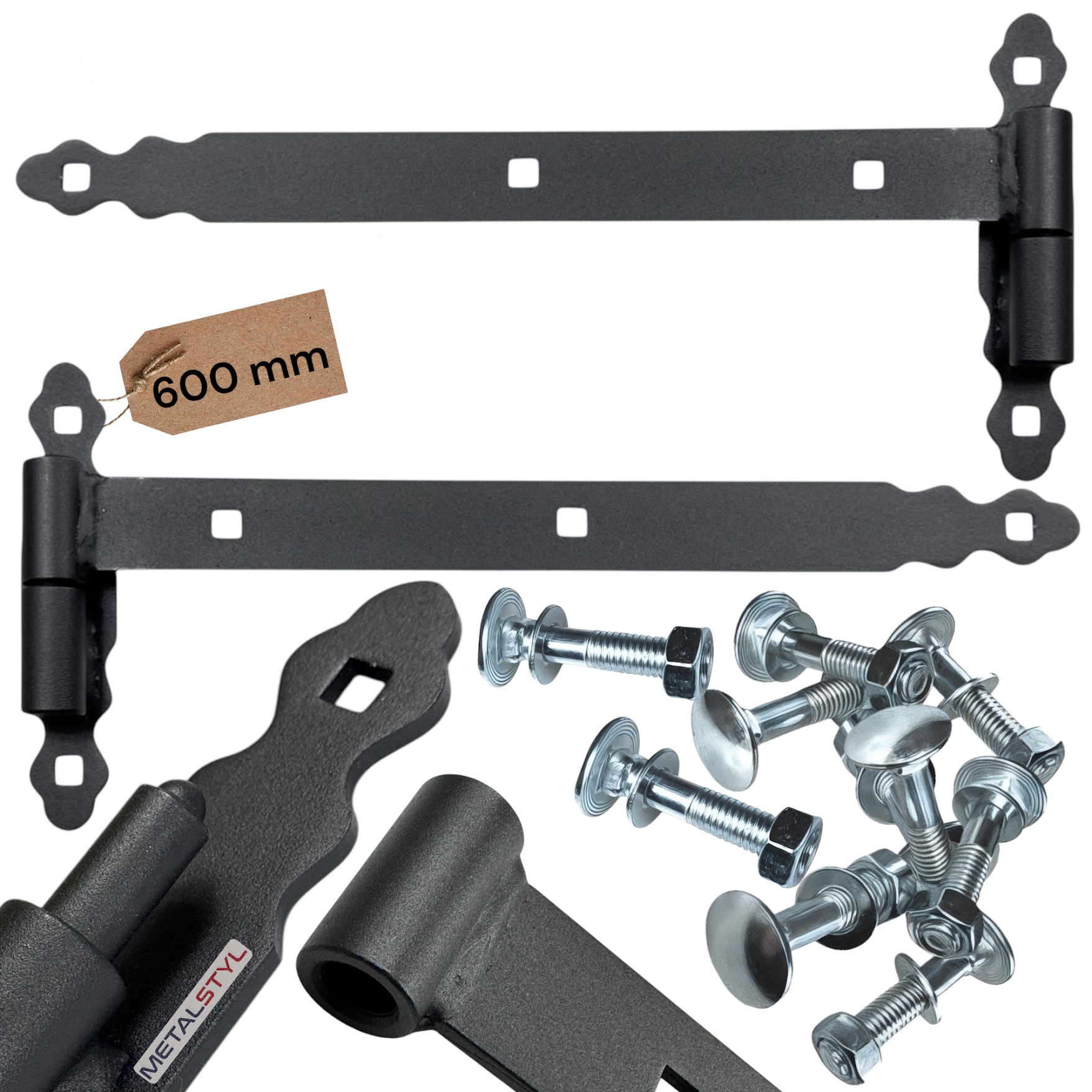 Zawias pasowy z kulką 60cm do drzwi bram okiennic czarny z kulką 2szt+śruby