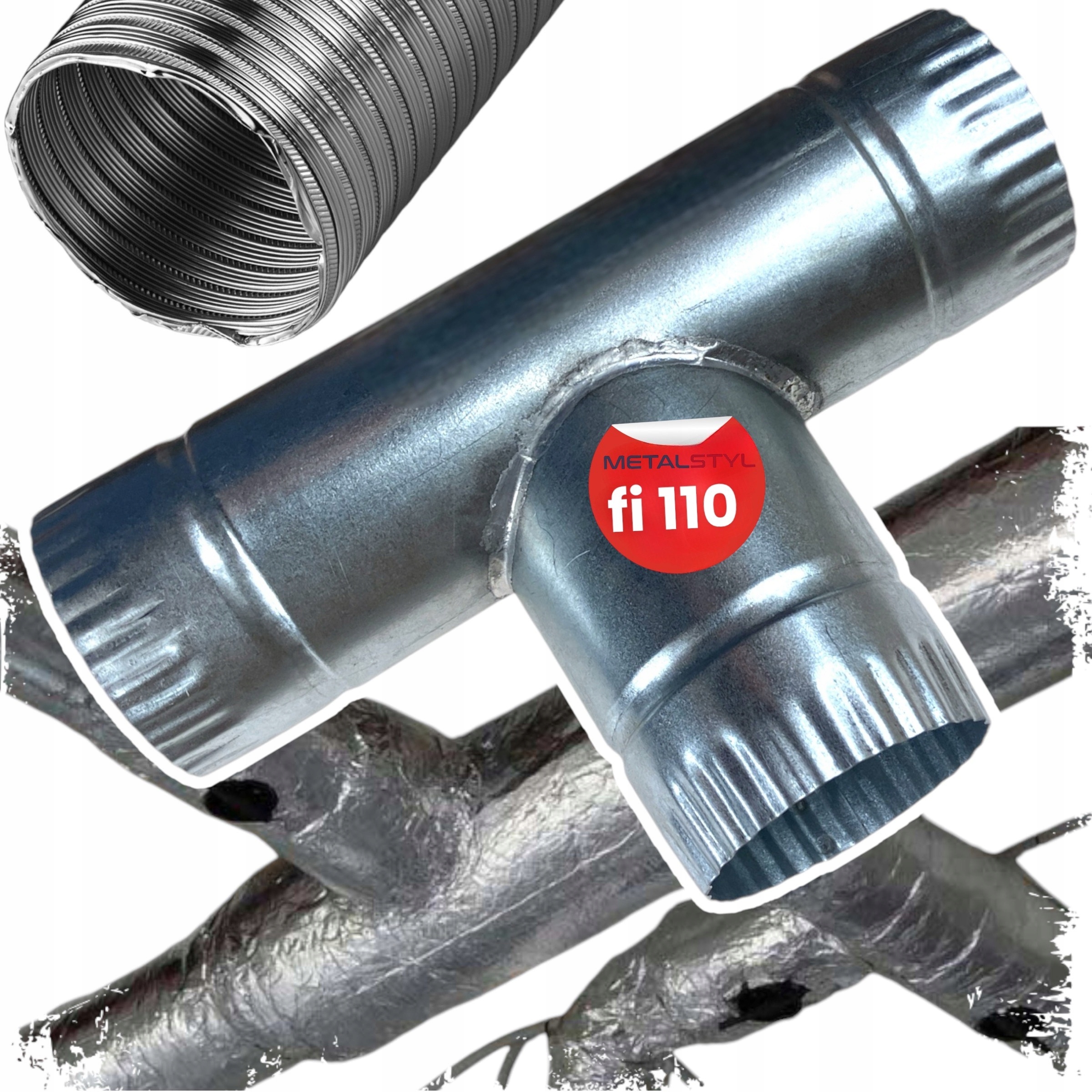 Trójnik 110 mm łącznik do rury spiro wentylacyjnej 90°ocynk