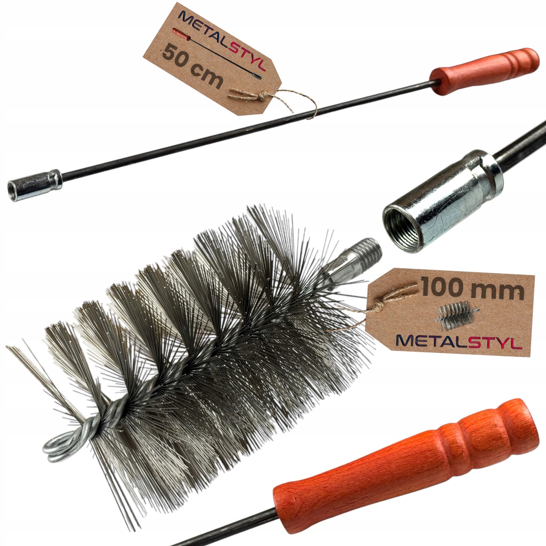 Pręt przepychacz 50cm wycior szczotka 100mm do czyszczenia komina pieca