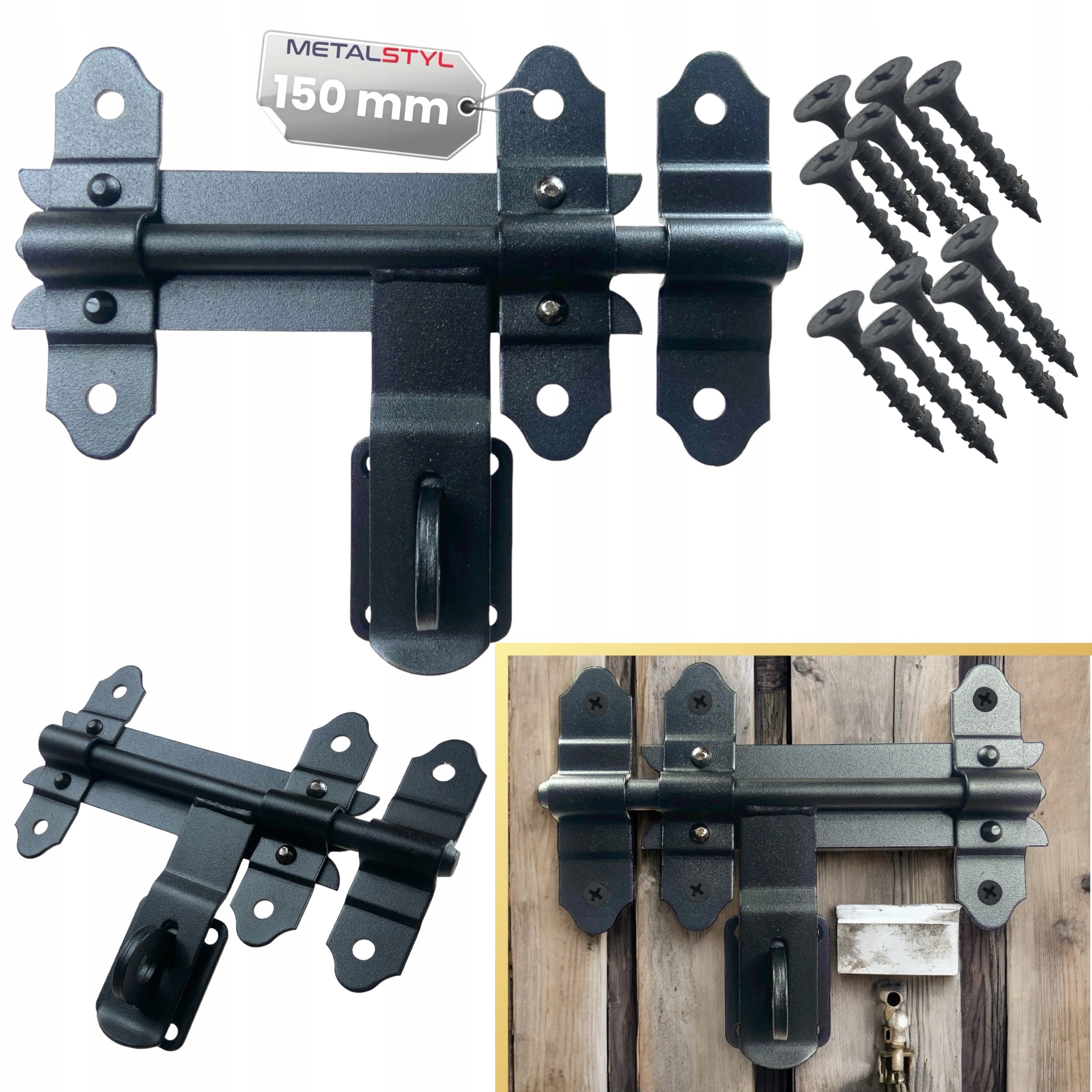 Zasuwa zasuwka drzwiowa bramowa rygiel 150 mm malowana czarna na kłódkę