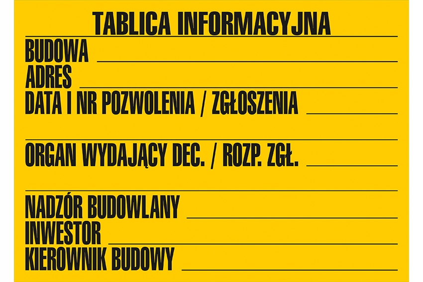 TABLICA INFORMACYJNA BUDOWLANA BUDOWY PCV 50x70cm ŻÓŁTA