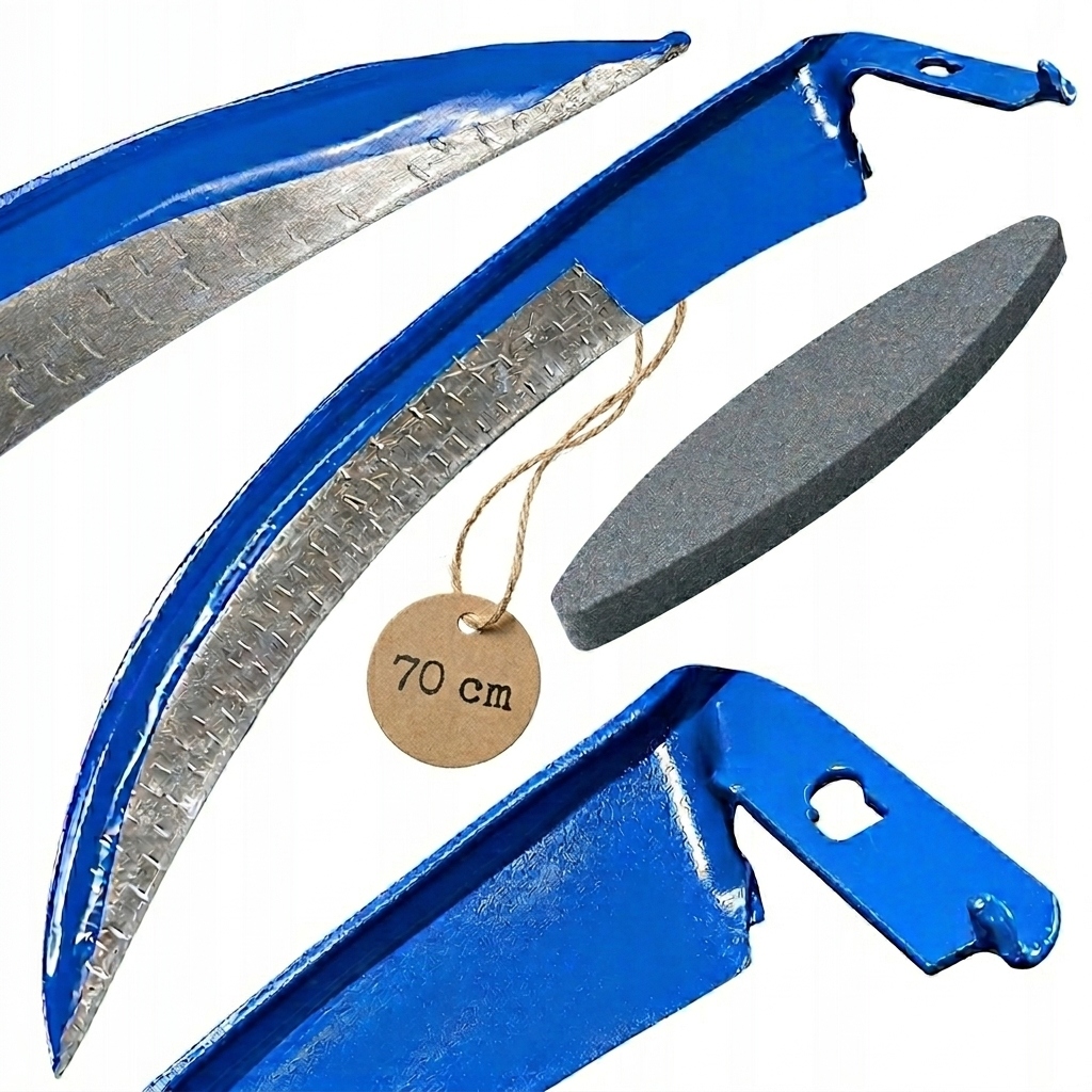 Kosa ręczna 70cm kuta do trawy ostrzona metalowa kosisko osełka zestaw