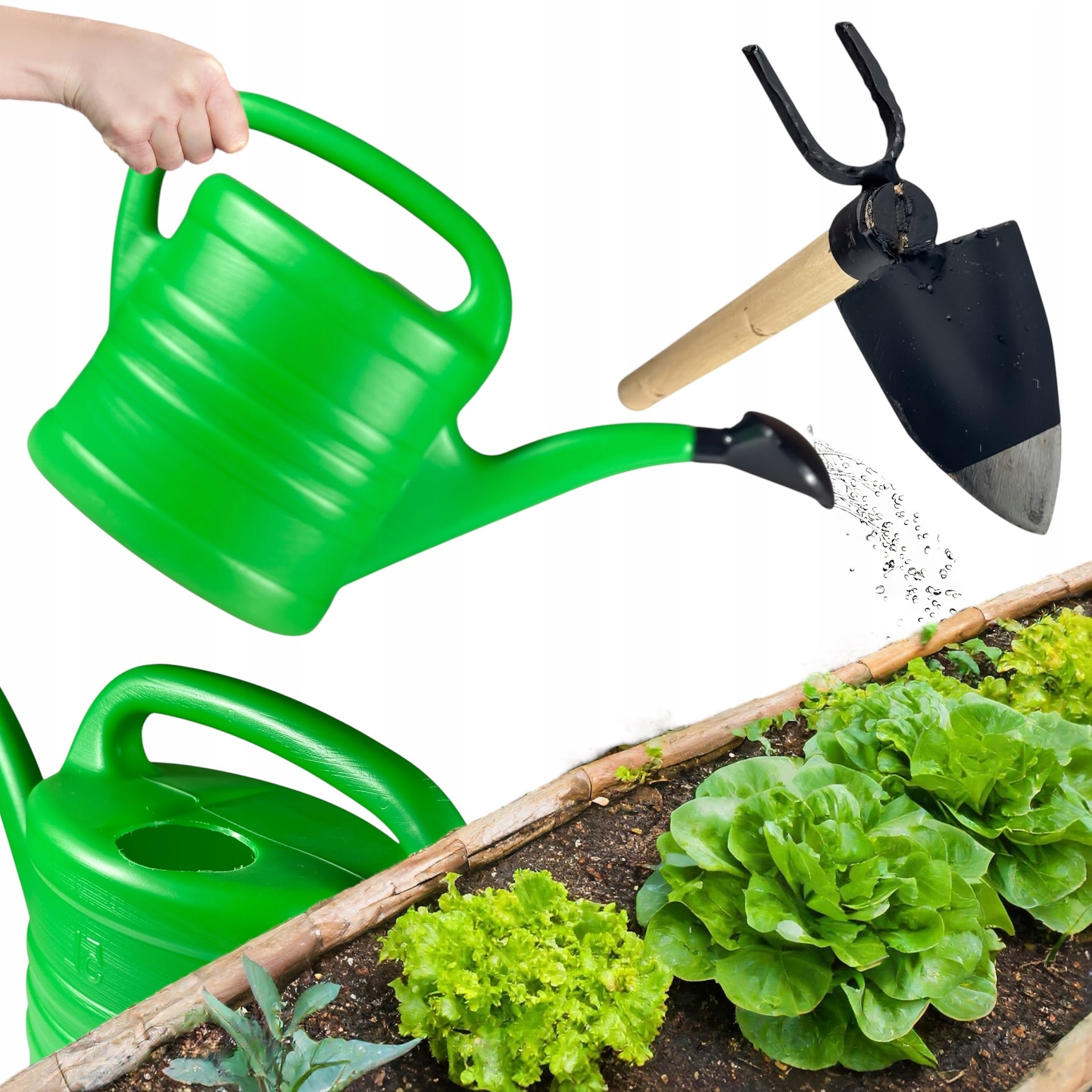 Motyka kuta sercowa mała z widełkami + konewka 2,5L zestaw