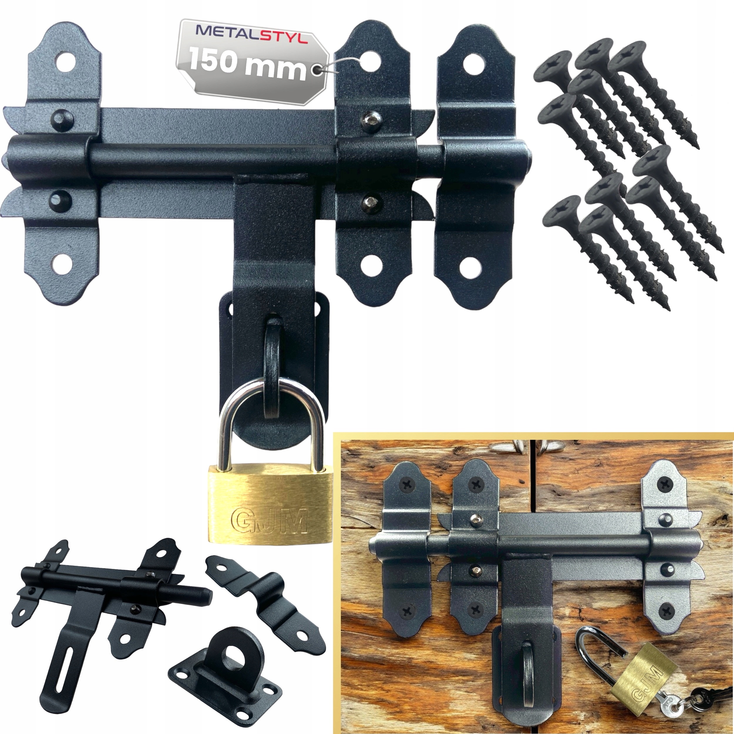 Zasuwa zasuwka drzwiowa bramowa rygiel 150mm czarna z kłódką do drzwi