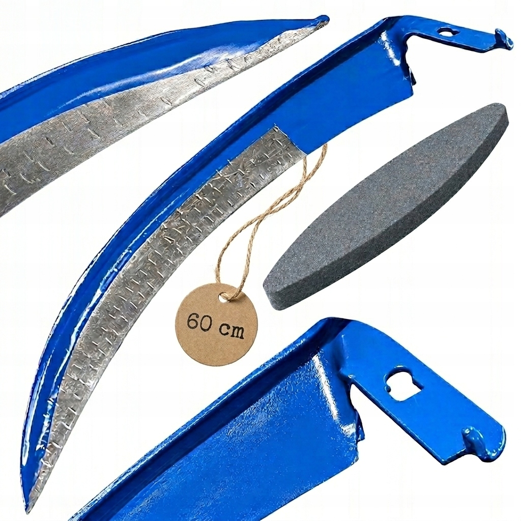 Kosa ręczna 60cm kuta do trawy ostrzona metalowa kosisko osełka zestaw