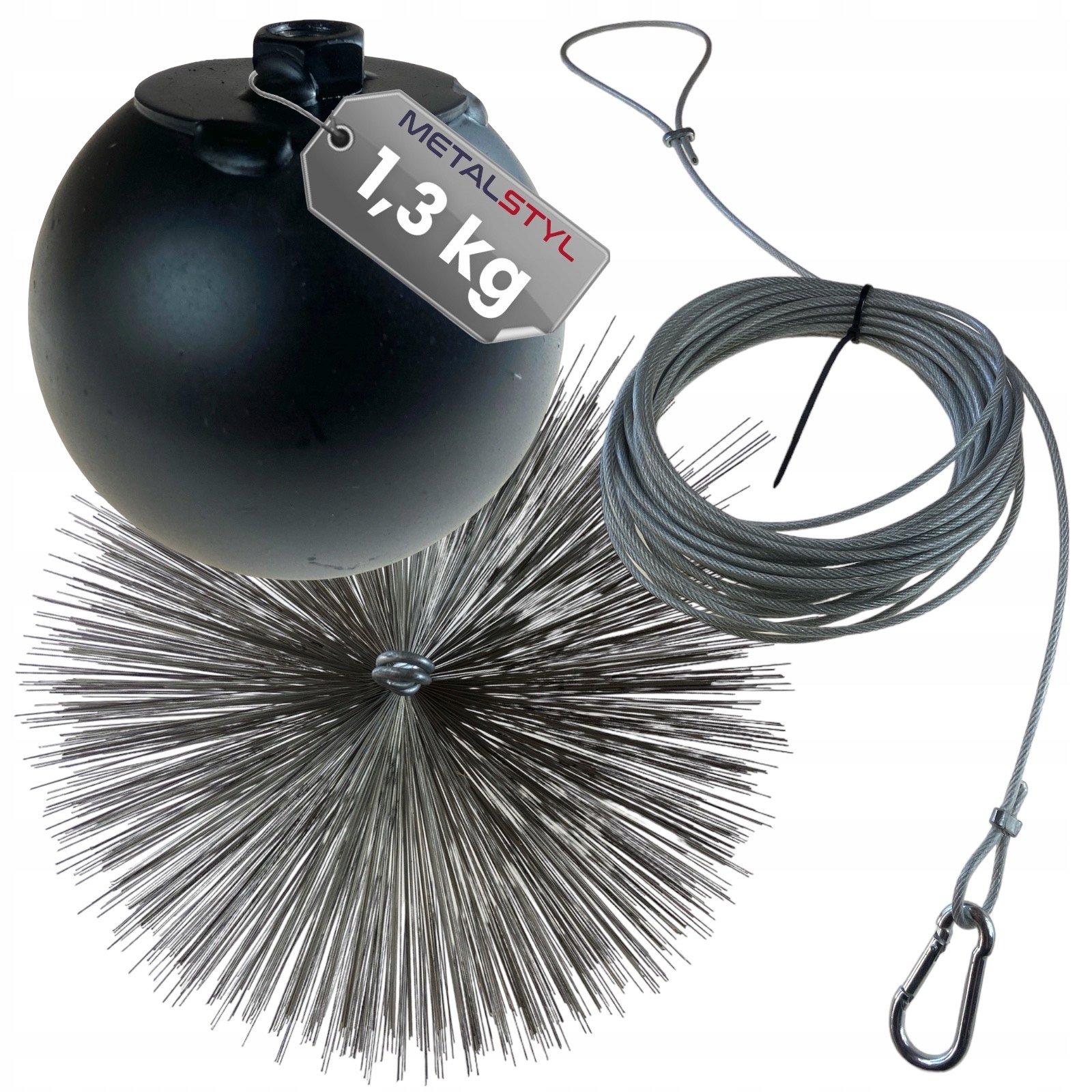 Kula do czyszczenia komina 1,3kg szczotka Ø200 lina 12m zestaw kominiarski