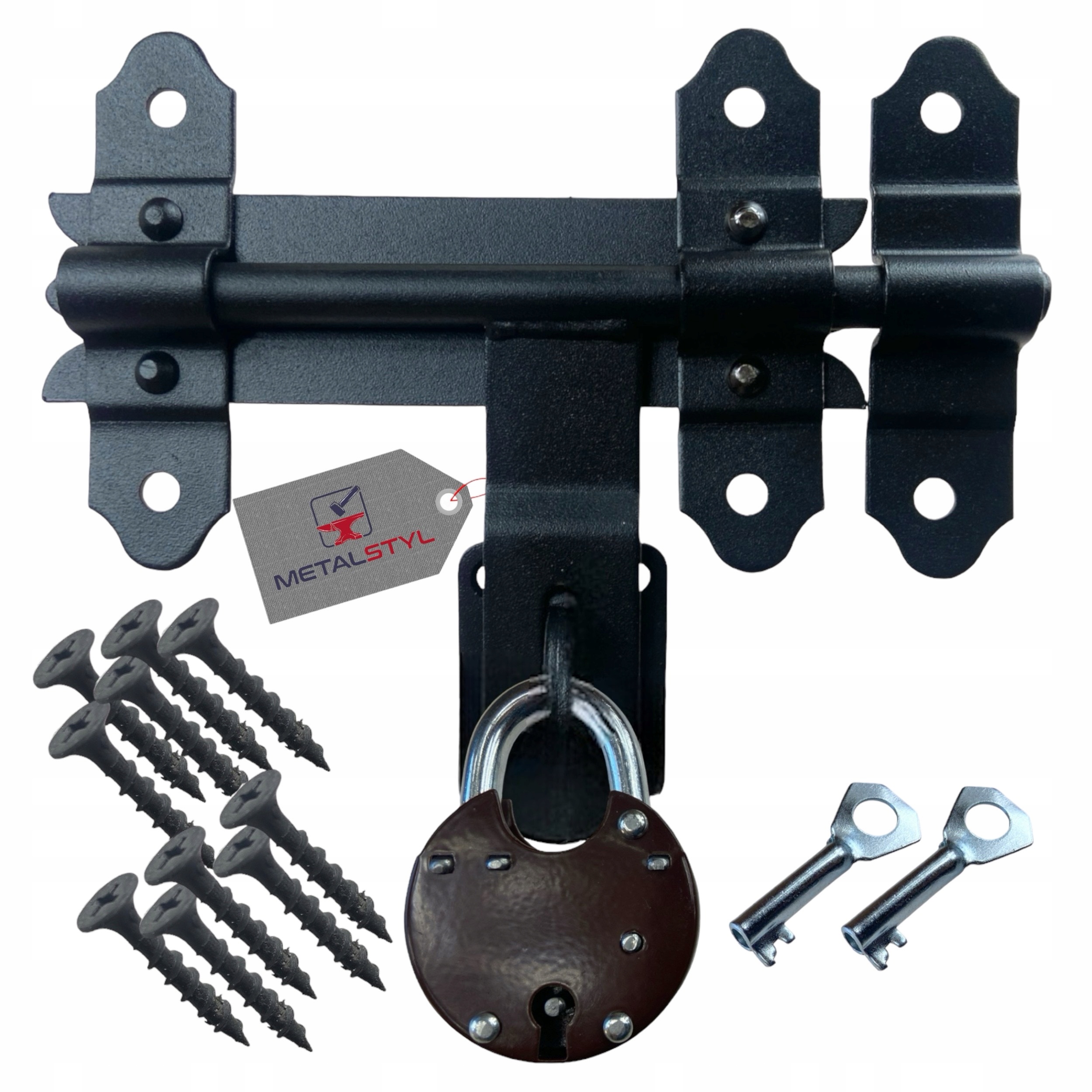 Zasuwa zasuwka drzwiowa bramowa rygiel 150 mm malowana czarna z kłódką