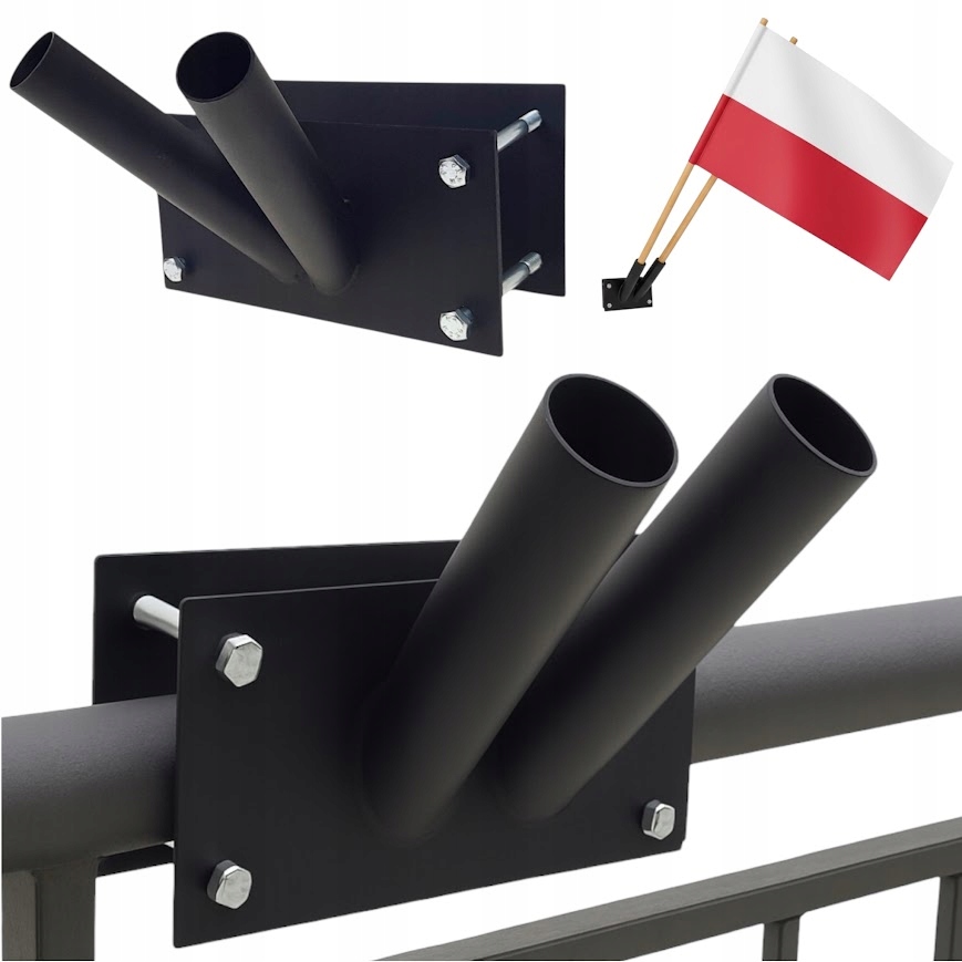 Uchwyt do flag 2-ramienny na balustradę + śruby czarny na flagę