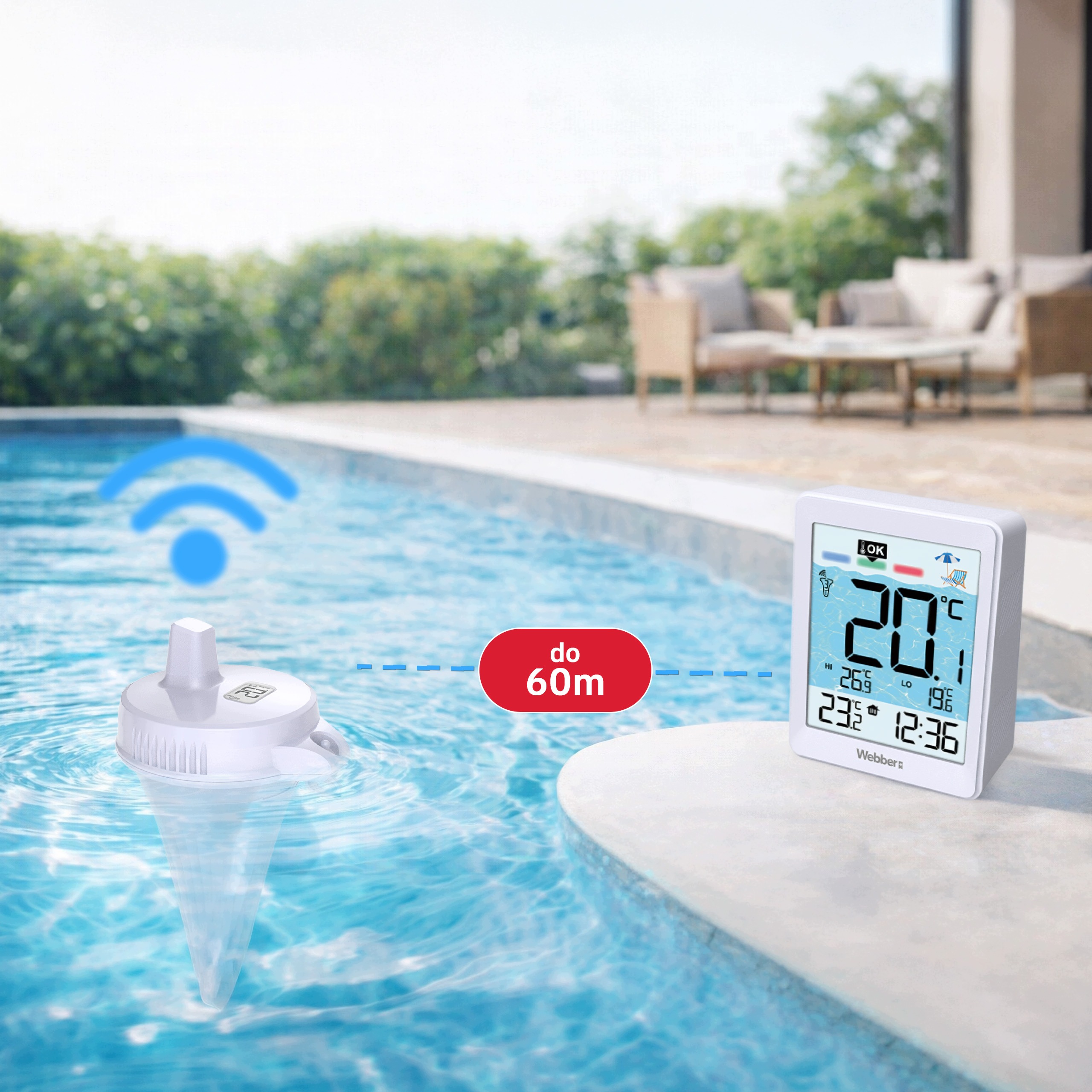 Termometr Basenowy Meteo PT4 Bezprzewodowy Czujnik Wody Do 60 Metrów LCD