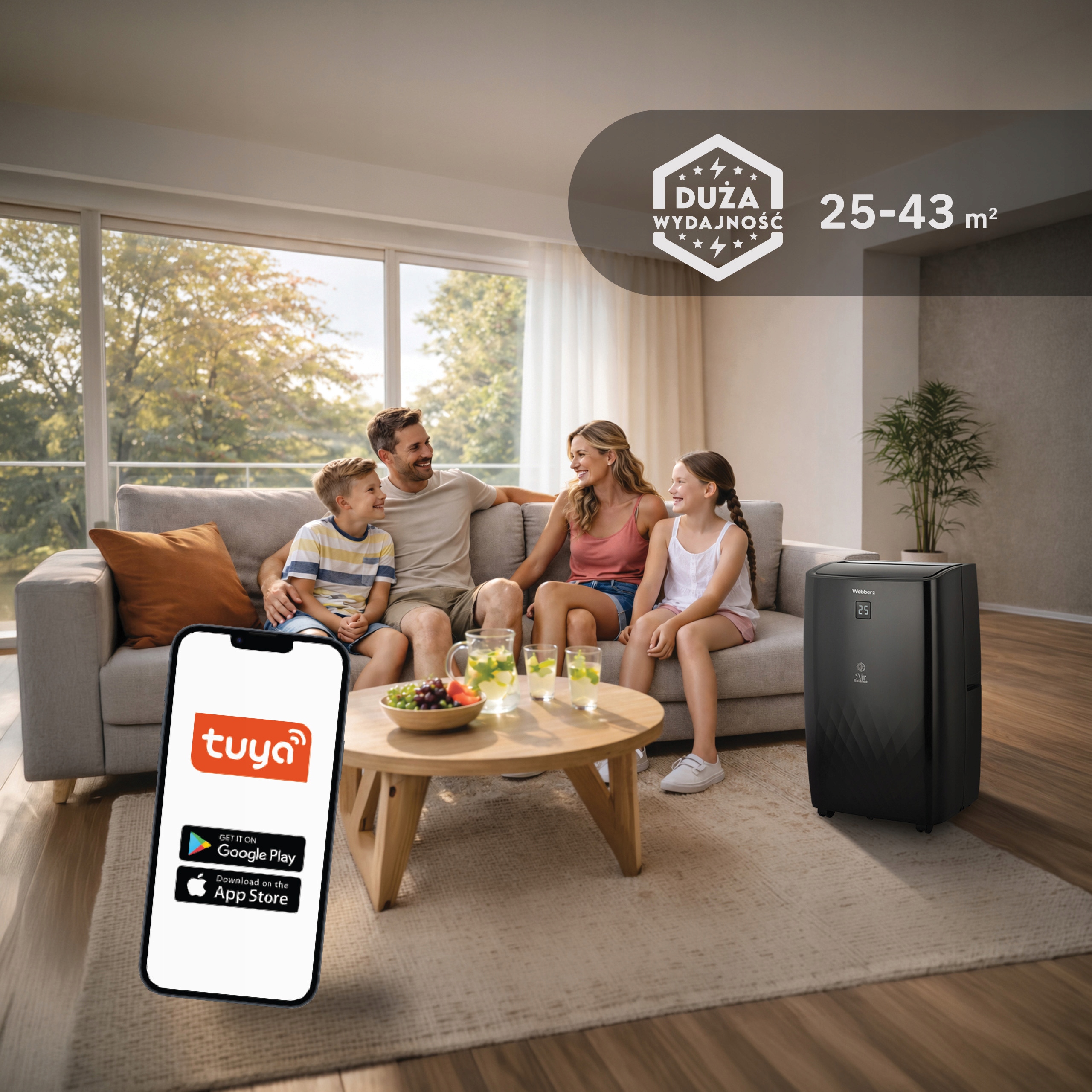 Klimatyzator Przenośny 9000BTU 4w1 WIFI Grzanie Osuszacz Pilot 43m²
