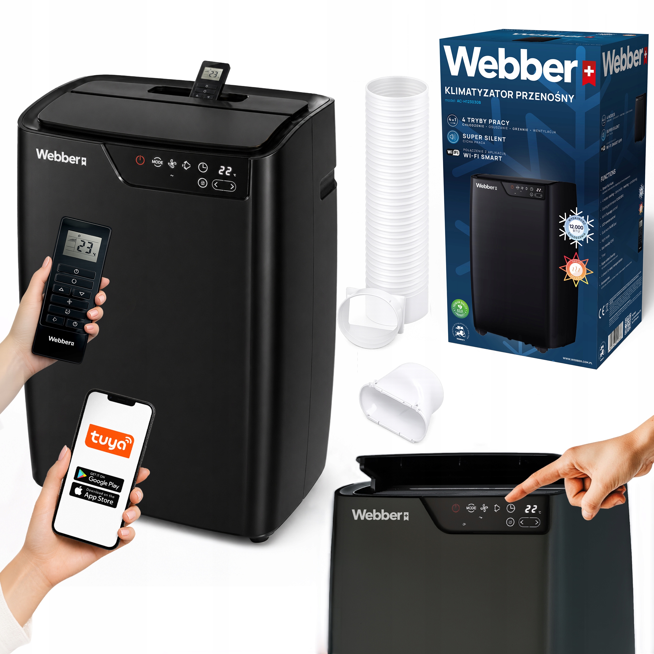 Klimatyzator Przenośny 12000BTU 4w1 WIFI Grzanie Osuszacz Pilot 49m²