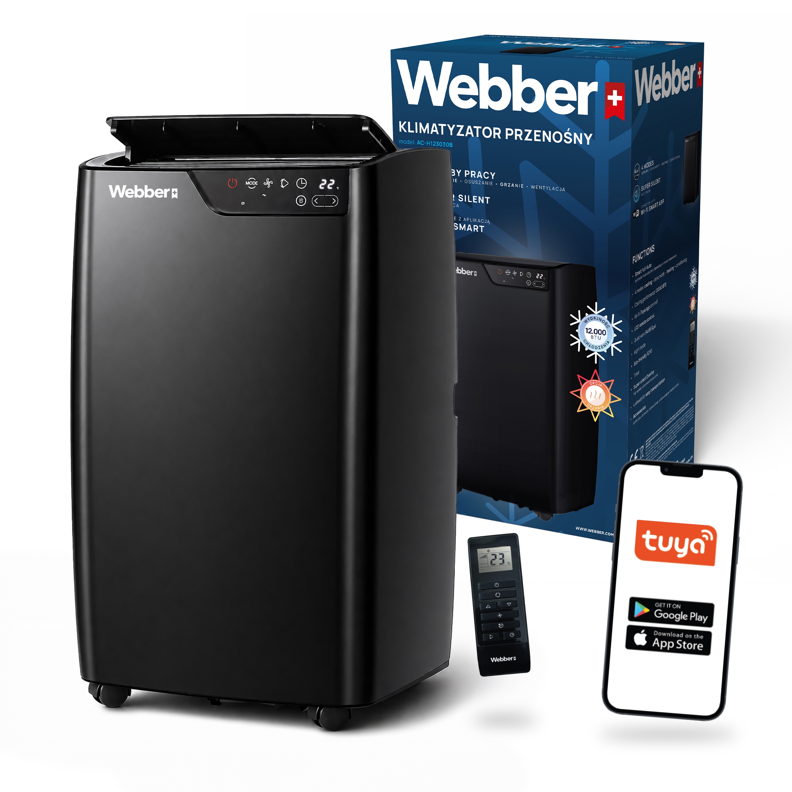 Klimatyzator Przenośny 12000BTU 4w1 WIFI Grzanie Osuszacz Pilot 49m²