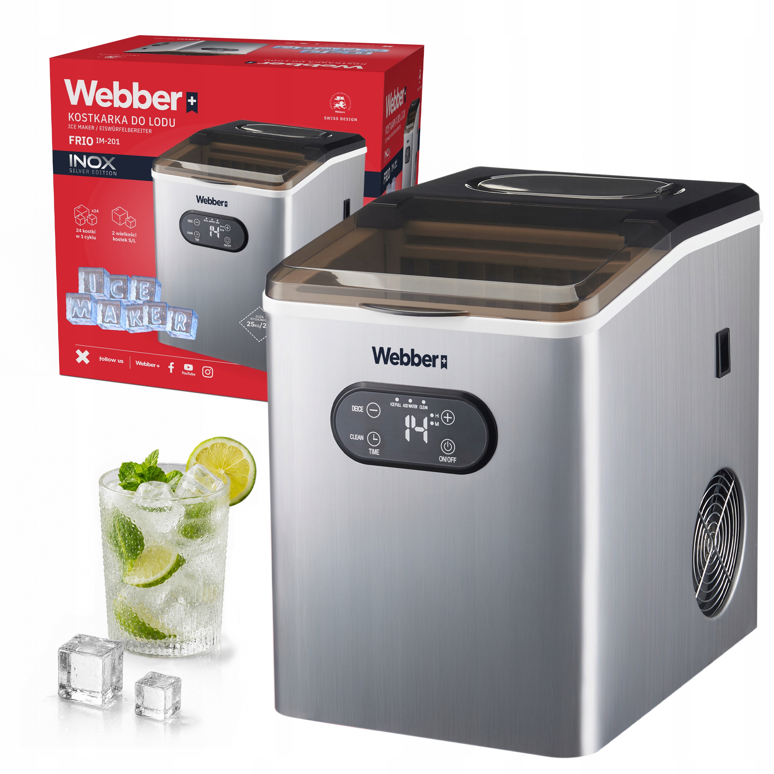 Kostkarka Do Lodu Frio IM-201 25kg LCD 3 Tryby Wody Inox 24 Kostki