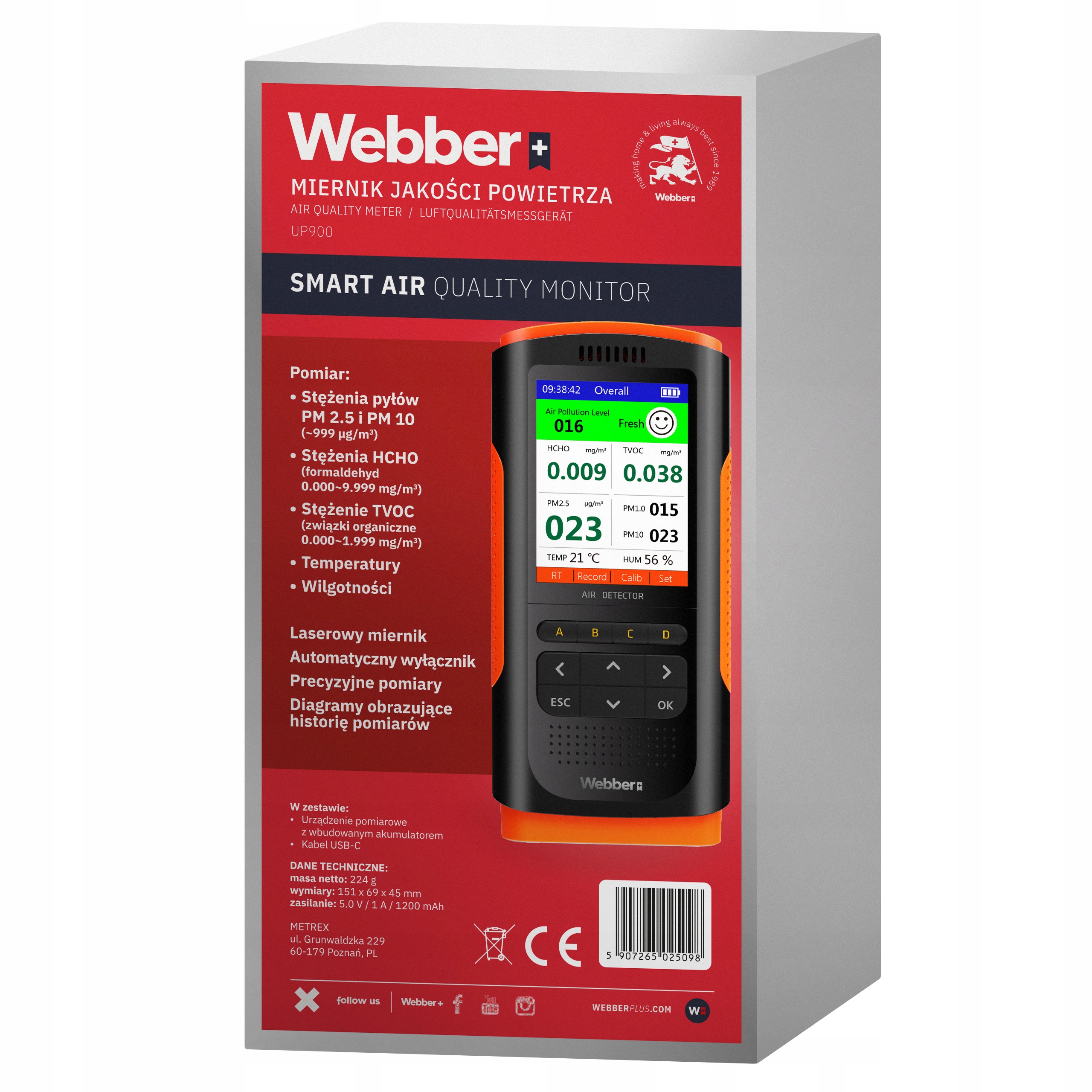 Stacja Jakości Powietrza UP900 7w1 PM2.5 PM10 HCHO TVOC USB