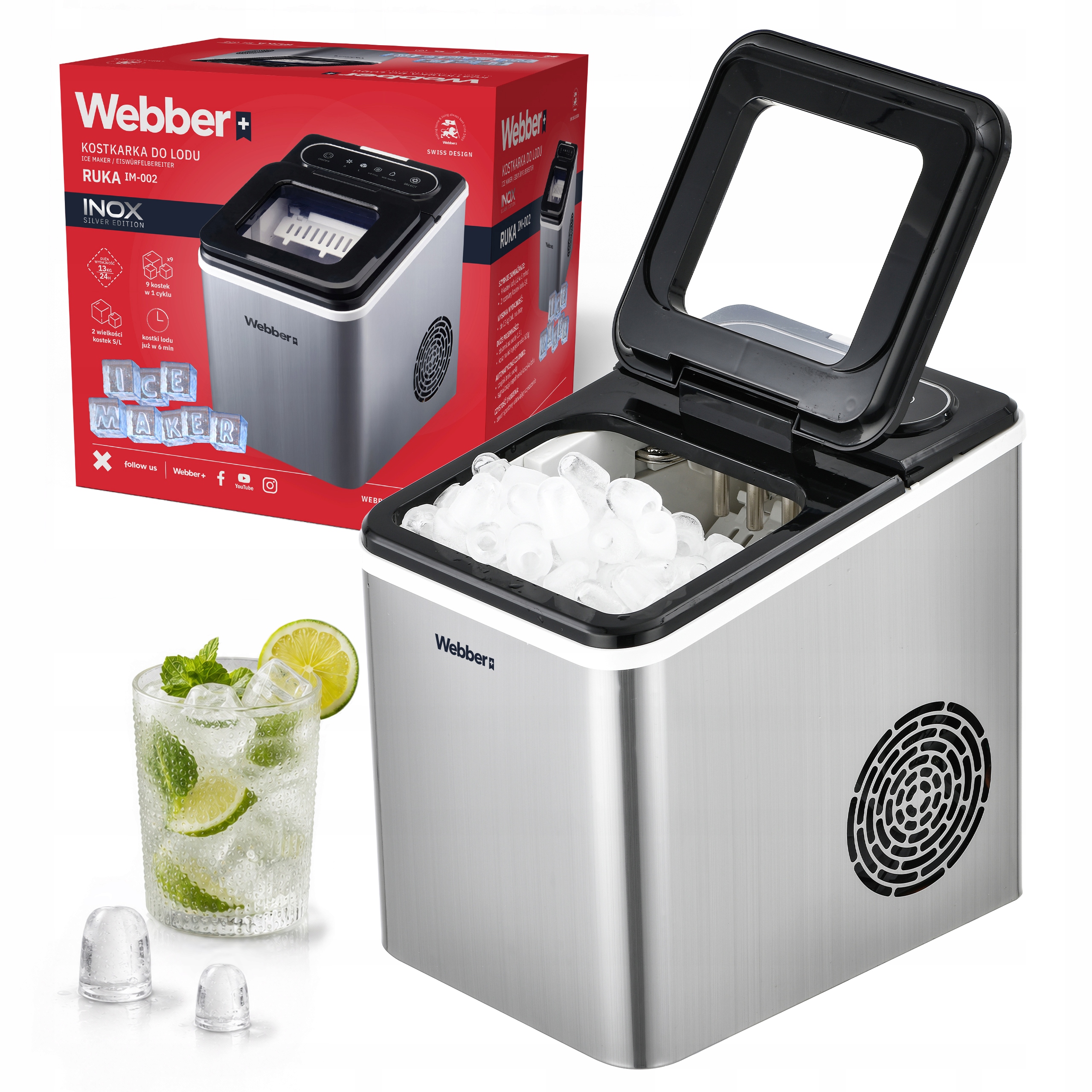 Kostkarka Do Lodu Ruka IM-002 Inox 13kg 165W 2 Rozmiary Kostek 1,5 l