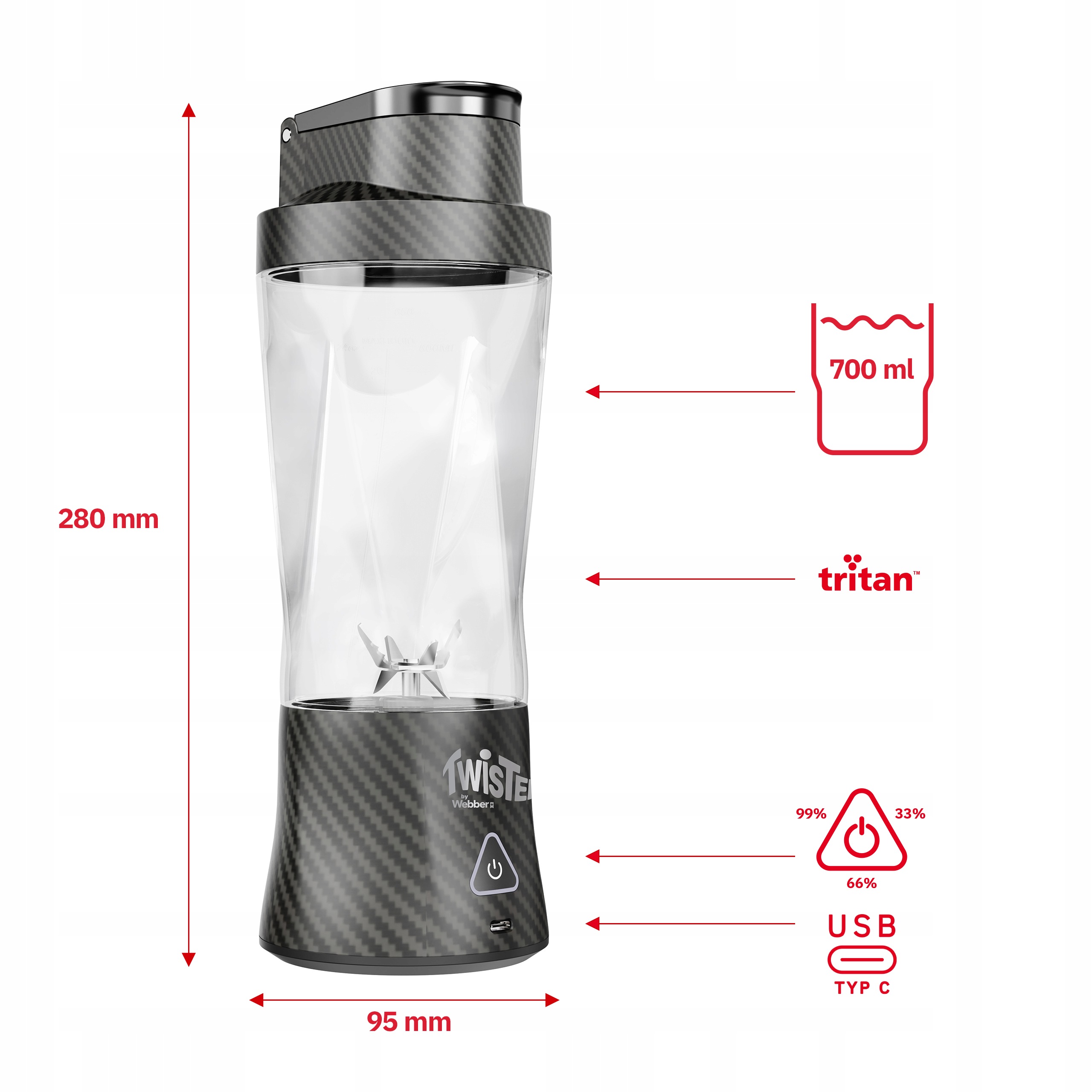 Blender Personalny Bezprzewodowy Przenośny Twister 370W 700ml USB-C