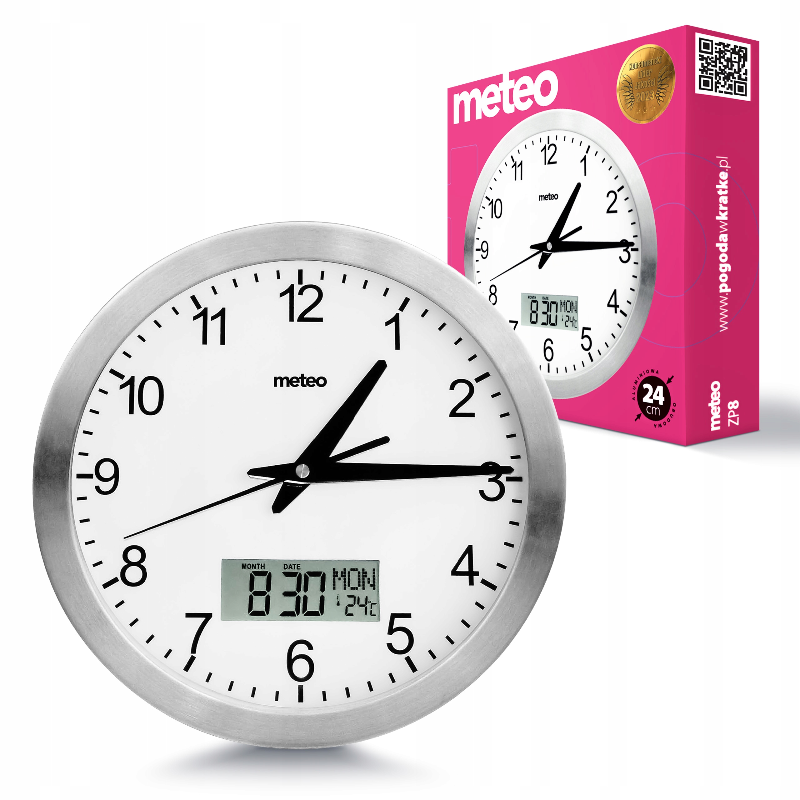 Zegar Ścienny METEO ZP8 Z Termometrem I Datownikiem LCD Aluminiowy