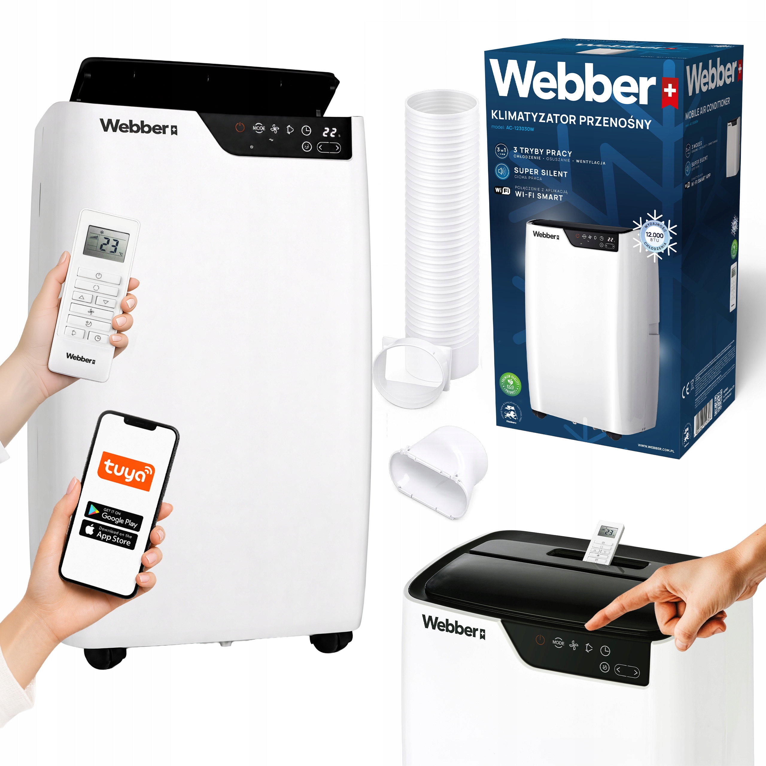 Klimatyzator Przenośny 12000BTU 4w1 WIFI Grzanie Osuszacz Pilot 49m²