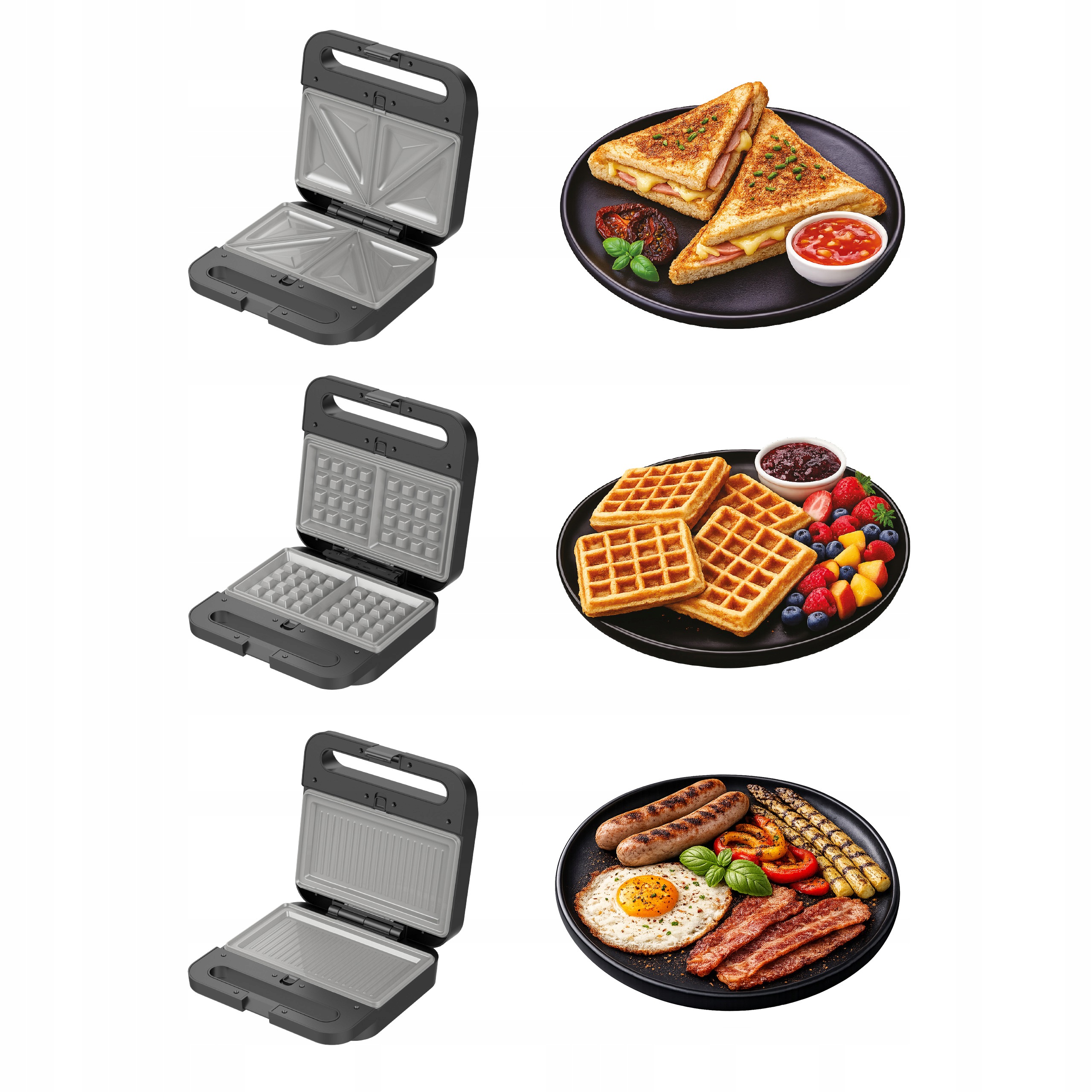 Opiekacz Toster Grill Gofrownica 3w1 1000W Ceramiczne Płyty Wyjmowane Inox