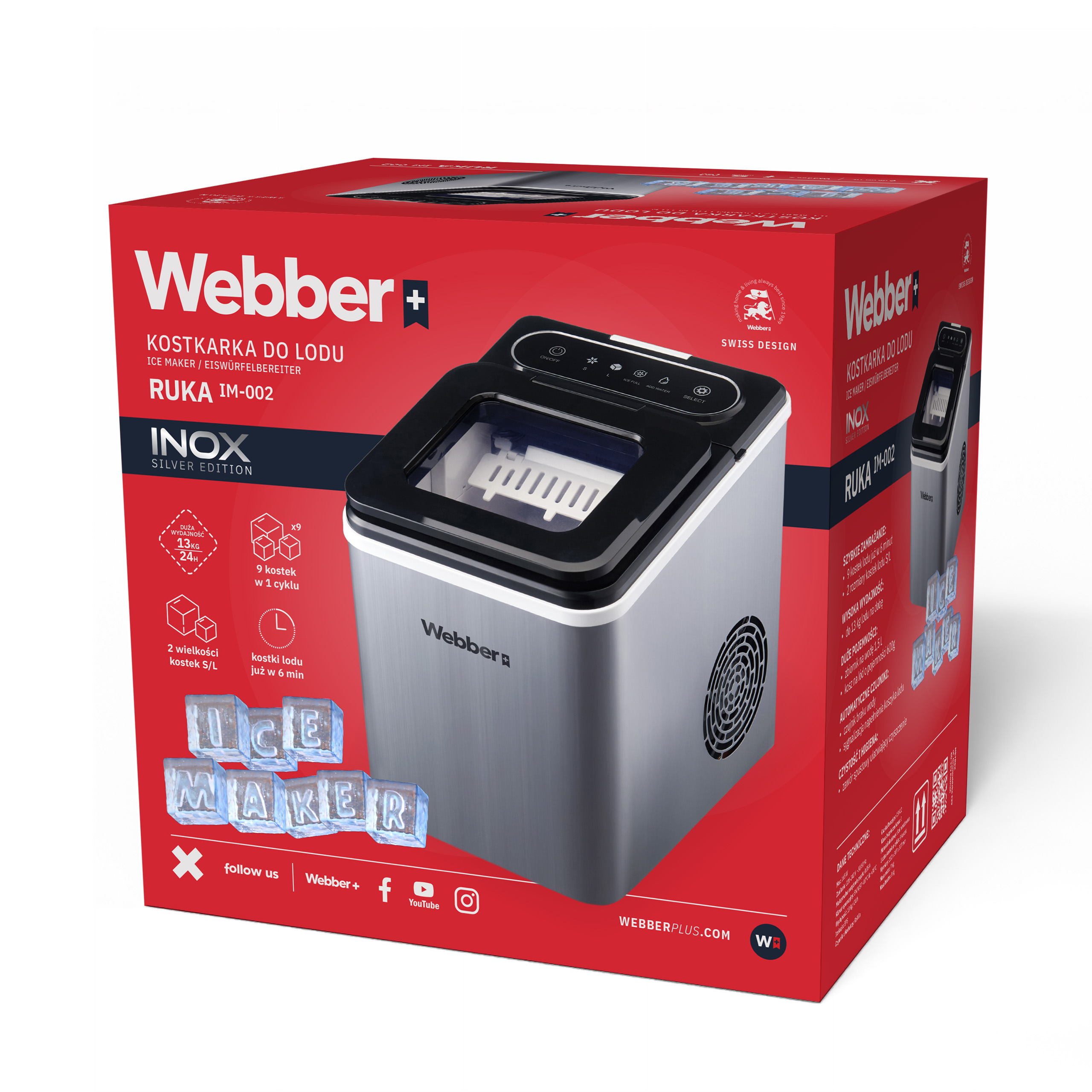 Kostkarka Do Lodu Ruka IM-002 Inox 13kg 165W 2 Rozmiary Kostek 1,5 l