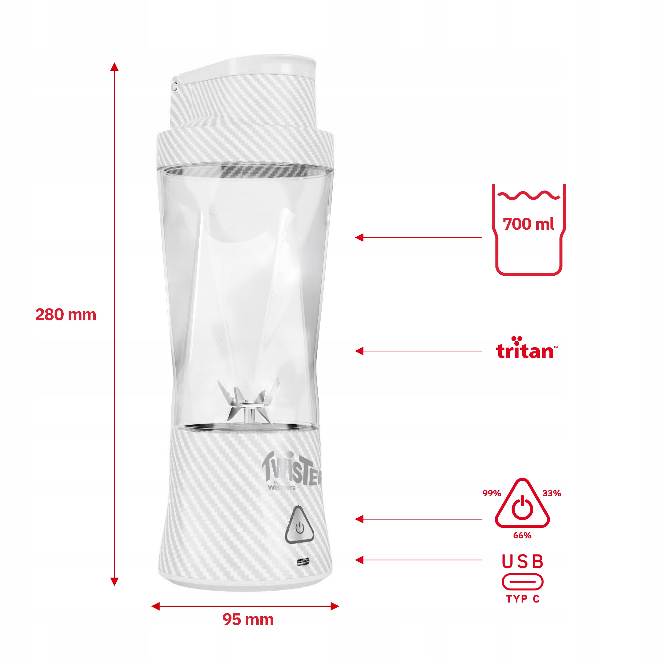 Blender Personalny Bezprzewodowy Przenośny Twister 370W 700ml USB-C