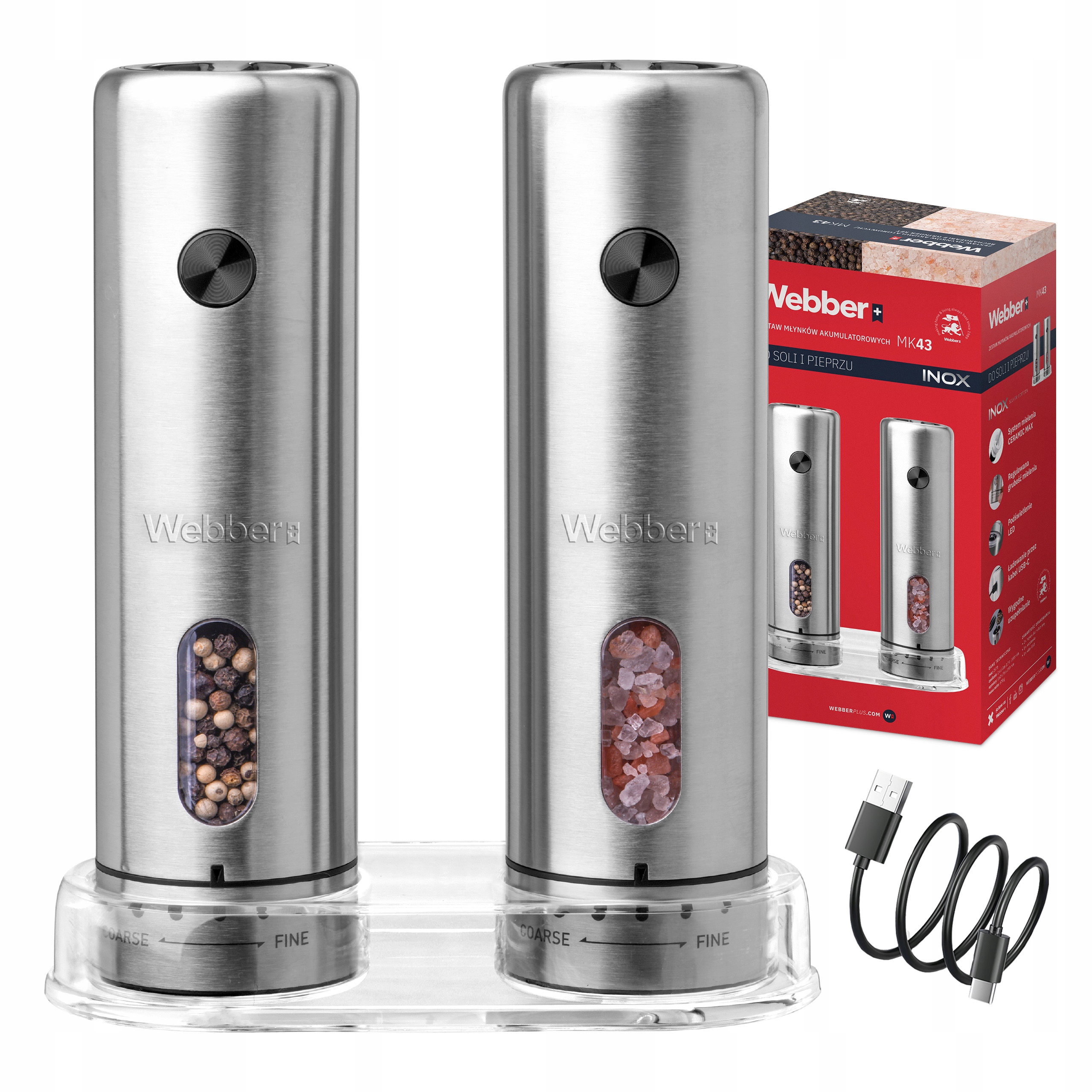 Młynek Do Pieprzu I Soli Elektryczny Akumulatorowy USB 2 szt Inox