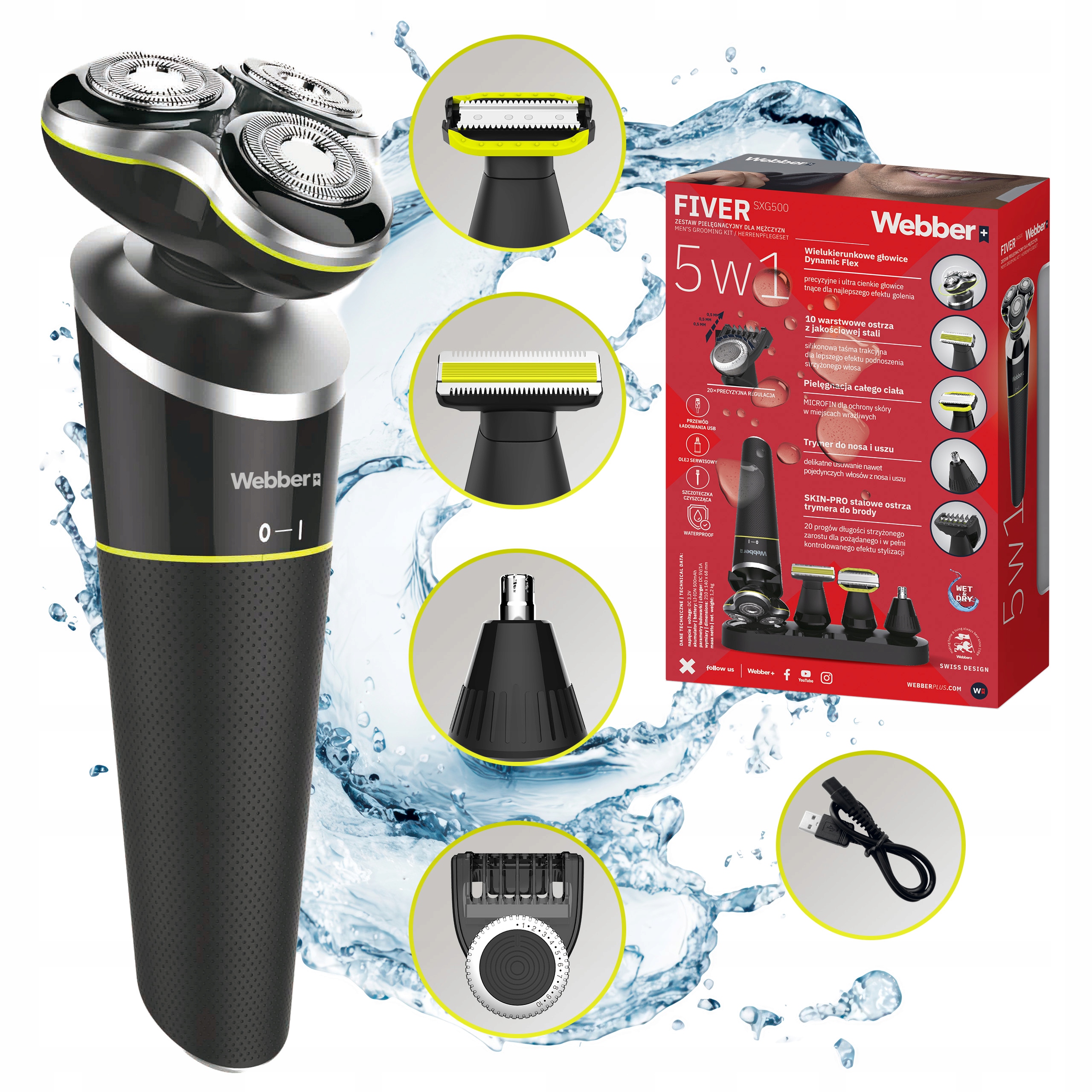 Golarka Męska FIVER SXG500 Trymer 5w1 Brody Nosa Wet&Dry USB
