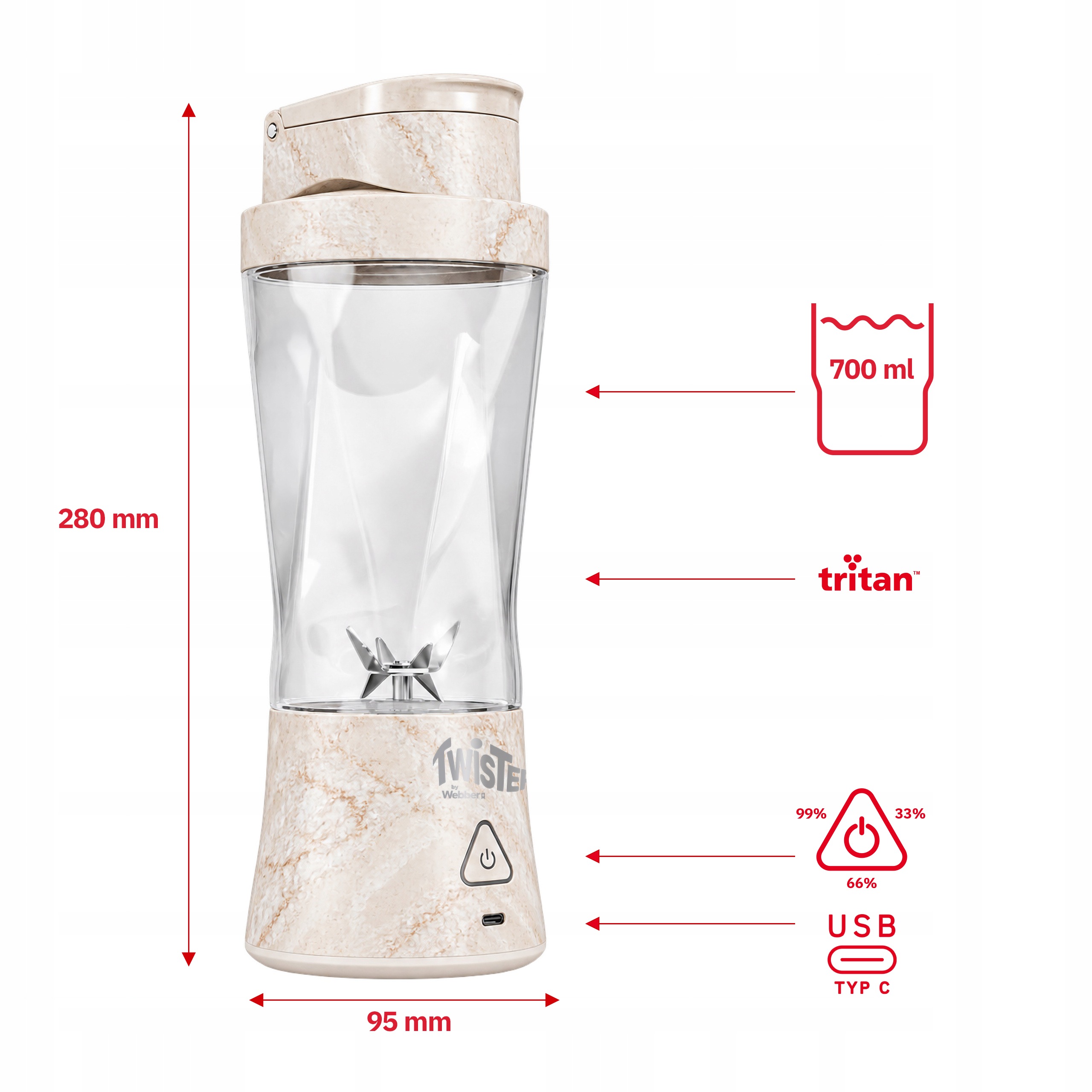 Blender Personalny Bezprzewodowy Przenośny Twister 370W 700ml USB-C