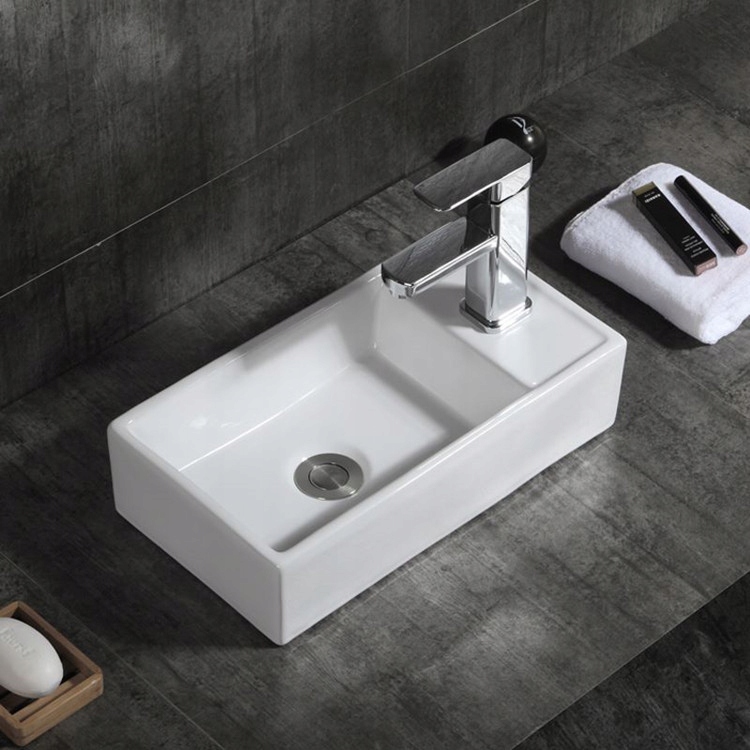 PROSTOKĄTNA ELEGANCKA UMYWALKA NABLATOWA CERAMICZNA BIAŁA Z POŁYSKIEM