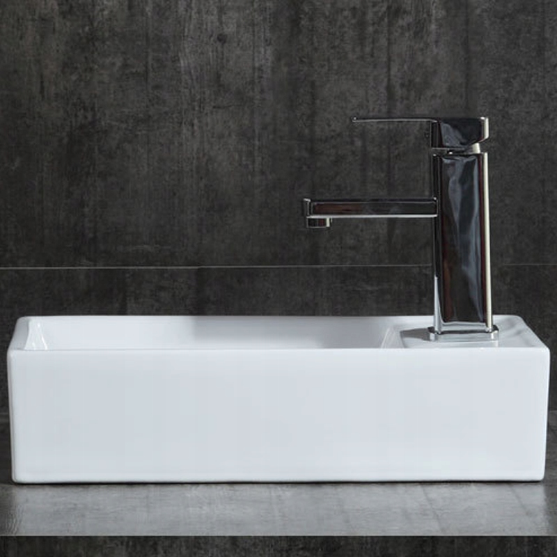 PROSTOKĄTNA ELEGANCKA UMYWALKA NABLATOWA CERAMICZNA BIAŁA Z POŁYSKIEM