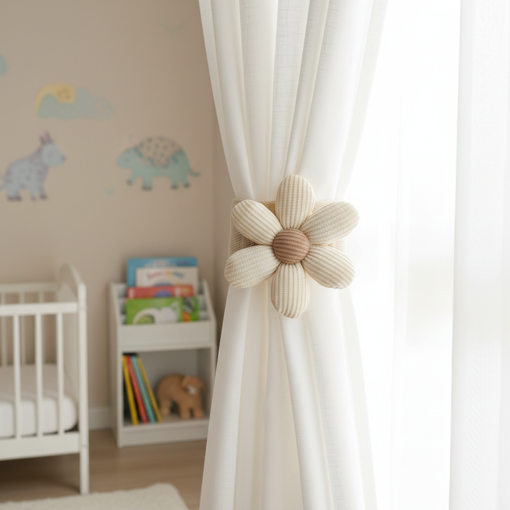 uchwyt upinacz do zasłon firan kwiatek ecru zapięcie 3d kremowa tasiemka montaż wiązanie