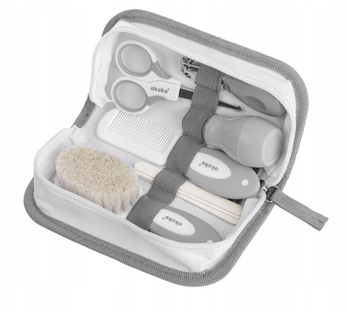 zestaw pielęgnacyjny dla niemowląt akuku szary kosmetyczka nożyczki cążki pilniczek szczotka grzebyk gruszka do nosa