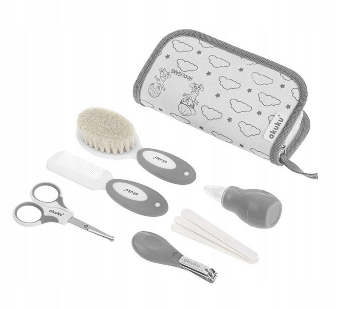zestaw pielęgnacyjny akuku szary akcesoria do pielęgnacji niemowląt nożyczki cążki pilniczek szczotka grzebyk gruszka