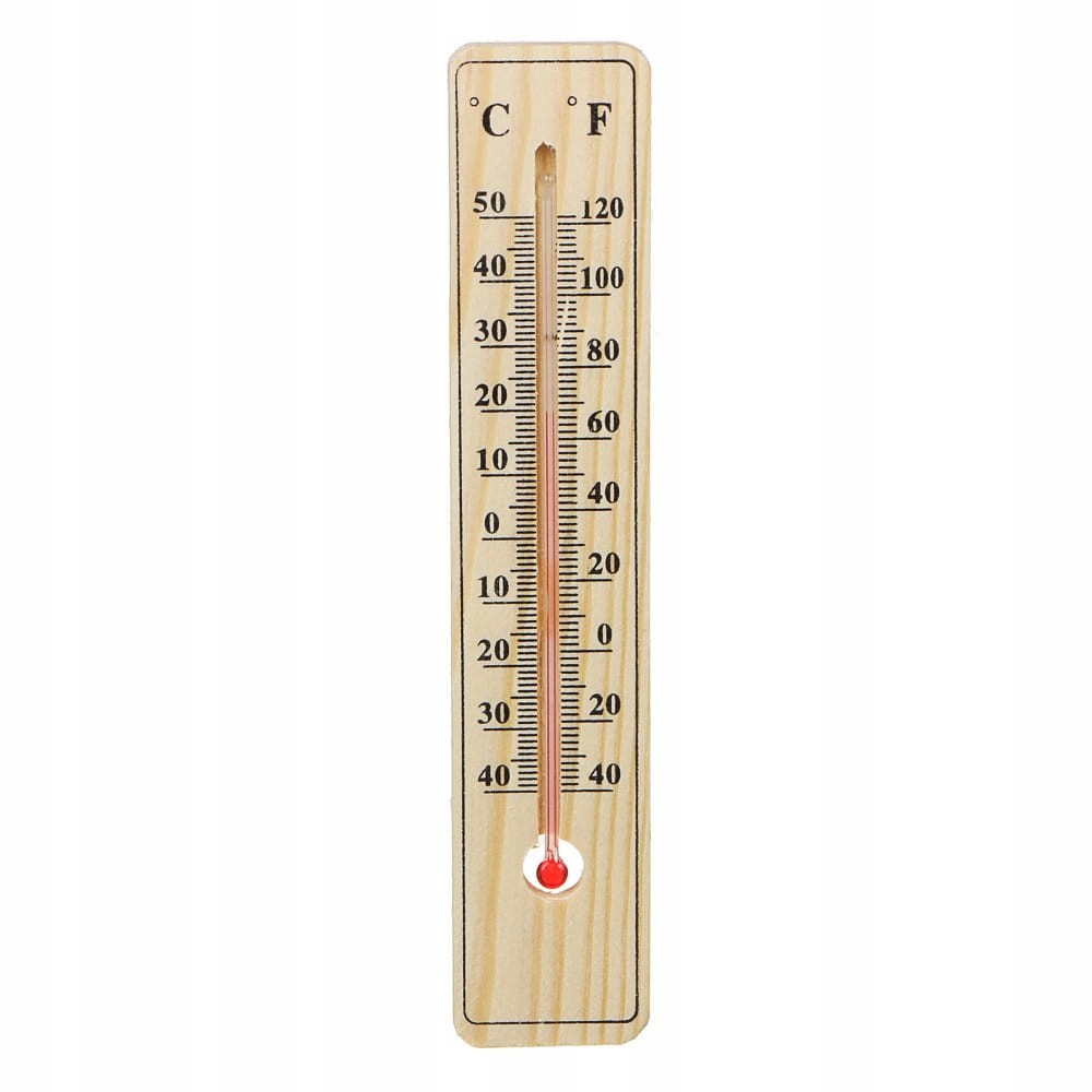 Drewniany termometr ścienny z czytelną skalą Celsjusza i Fahrenheita