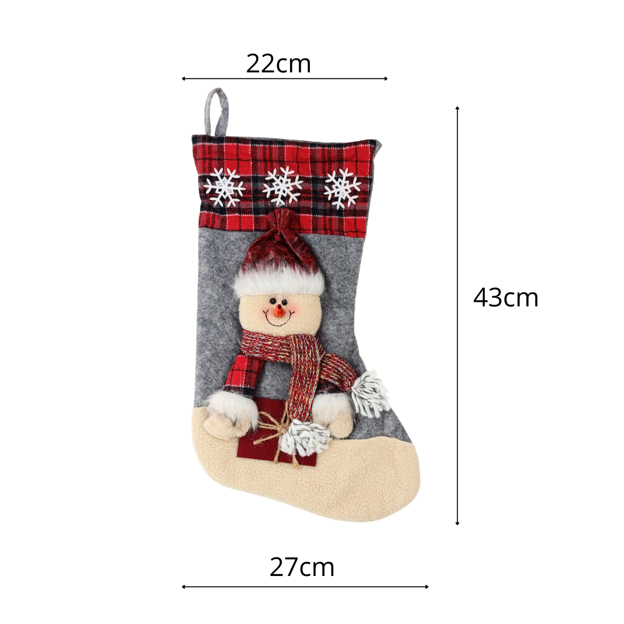 wymiary skarpety świątecznej 43x27 cm szerokość otworu 22 cm bałwan 3D