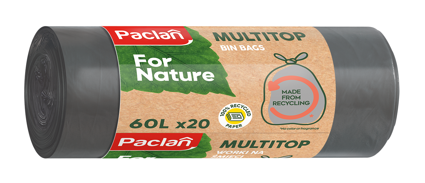 worki na śmieci paclan for nature 60l 20 szt z recyklingu uszy do wiązania 5900942150083